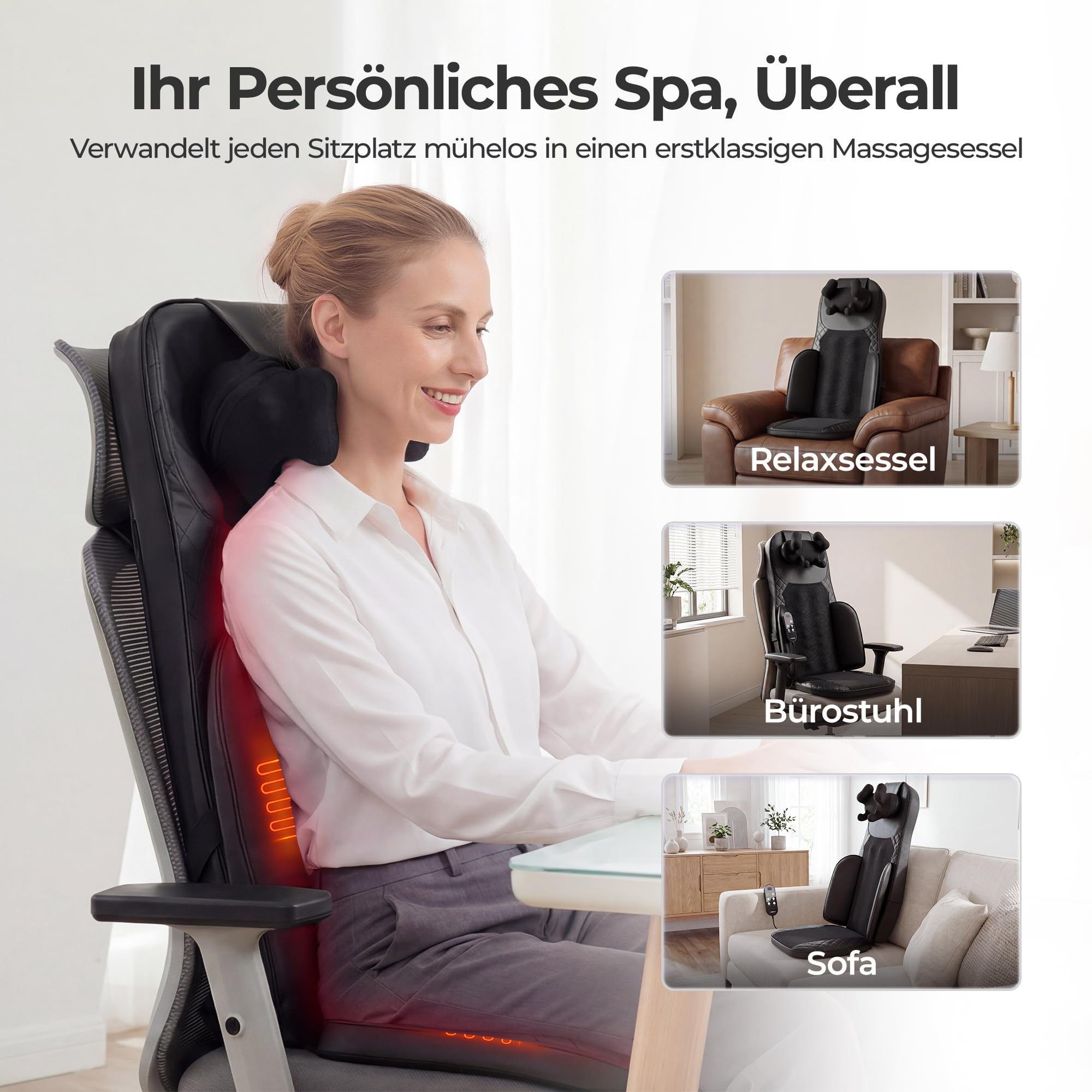 Shiatsu Massagesitzauflage, Massagegerät Rücken mit Knetmassage, Rollmassage & Vibration, Rückenmassagegerät mit Wärme mit 2 Nacken-Wechselköpfen für Nacken Schulter Rücken und Oberschenkel