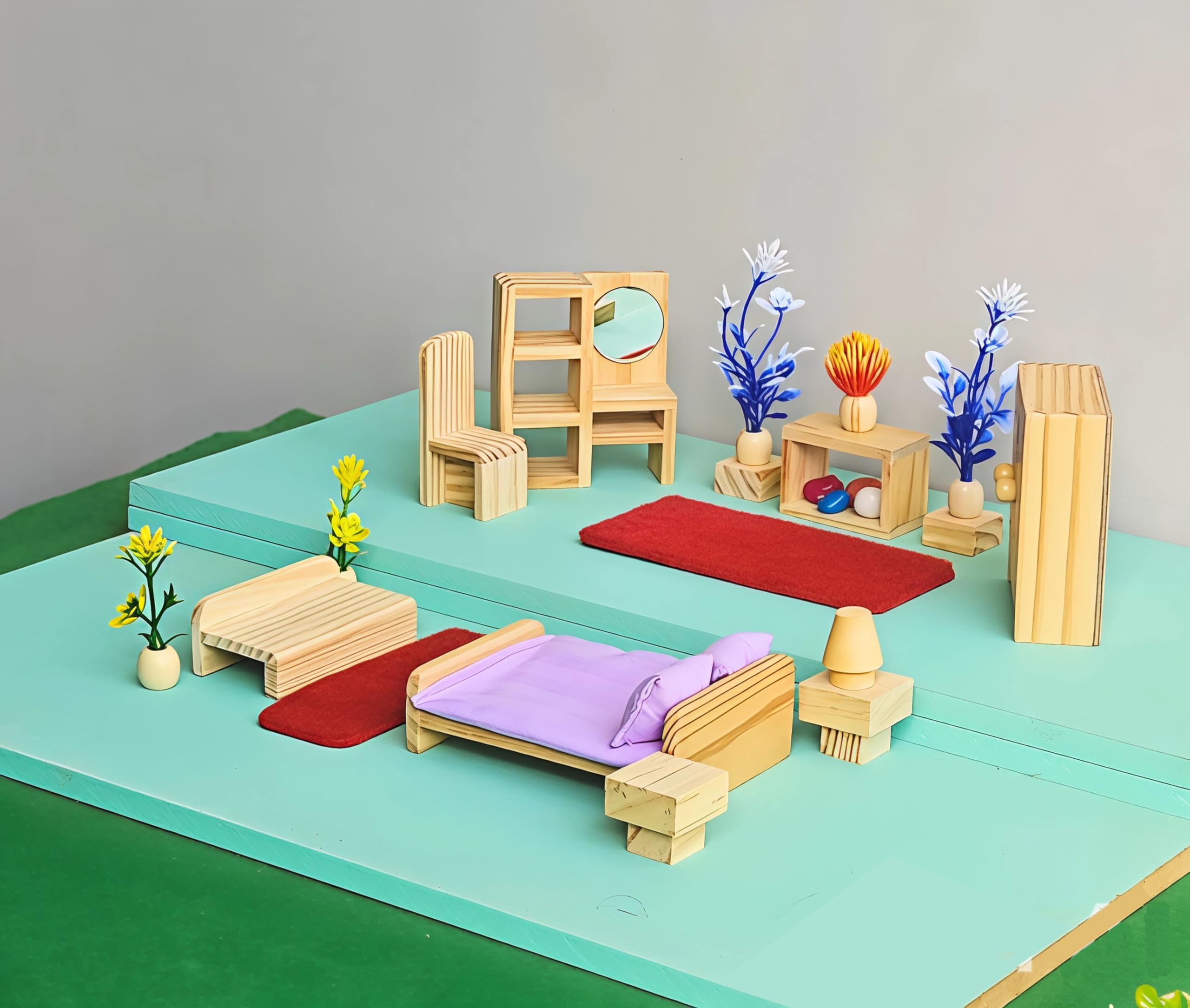 TinyMinyWorld Dollhouse Accessories Doll House Furniture Set (Wooden): Drawing Room - Kitchen - Bedroom - Toilet for Your Dream Doll House Best Birthday Gift (Bed Room Grand) - Image 6 thumbnail