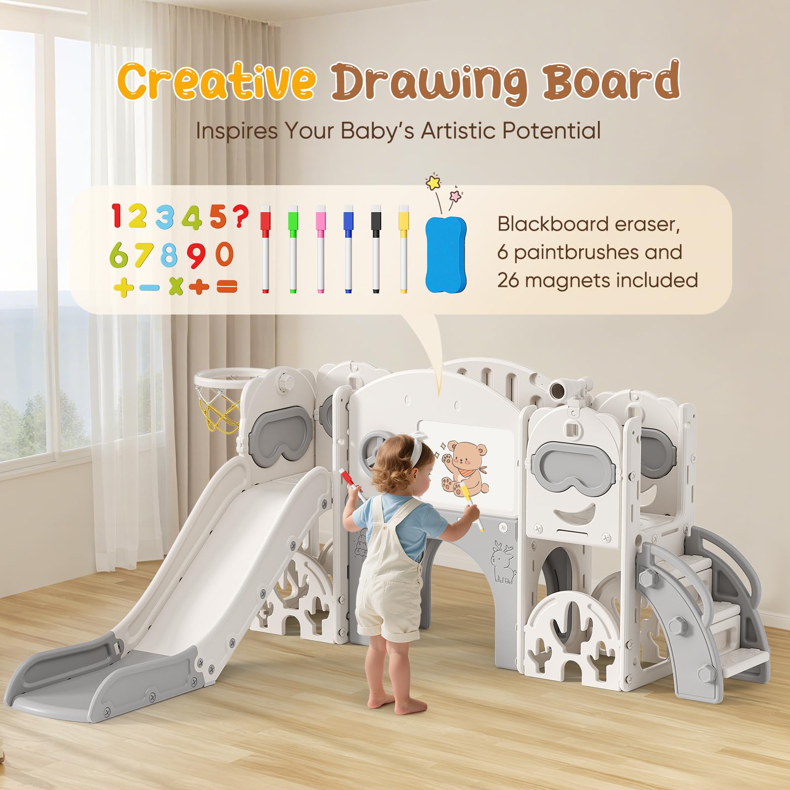 Scivolo per bambini con cerchio da pallacanestro, scivolo da giardino per bambini, parco giochi al coperto ed esterno, kit da gioco per arrampicata indipendente con scivolo per bambini (beige grigio