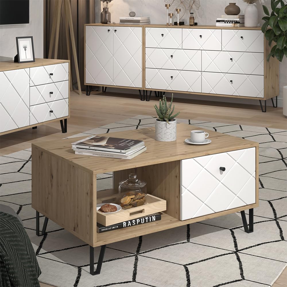 Vicco Mesa de Centro Nizza, Roble Artesanal, 90.2 x 59.4 cm | con compartimento abierto y cajón, para usar como superficie de apoyo junto a la cama