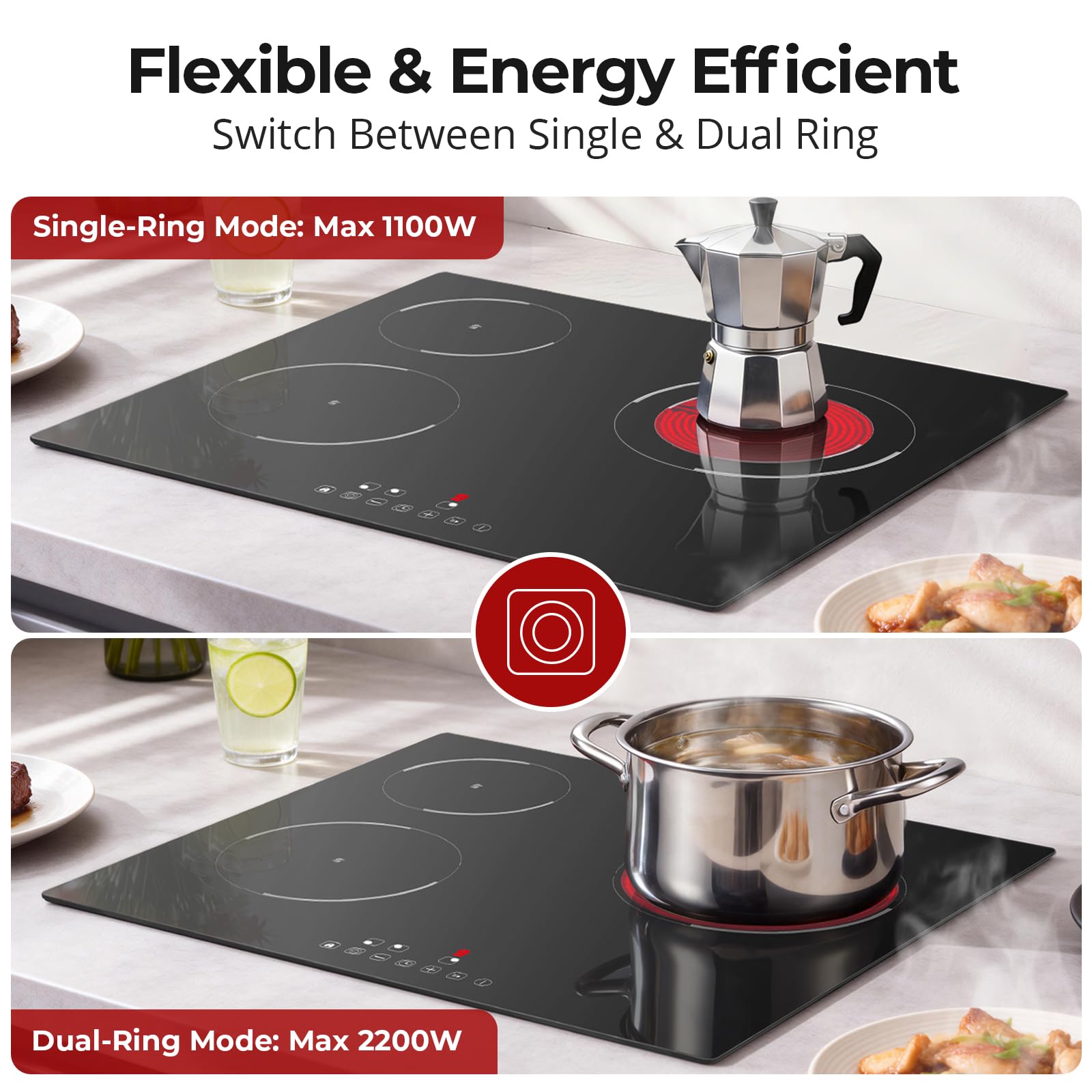 SNDOAS Płyta ceramiczna z 3 palnikami 5200 W, 3 strefy gotowania (1200 W + 1800 W + 2200 W), 9 poziomów mocy, bezpieczeństwo dzieci, timer 99 min, kompatybilny ze wszystkimi typami garnków