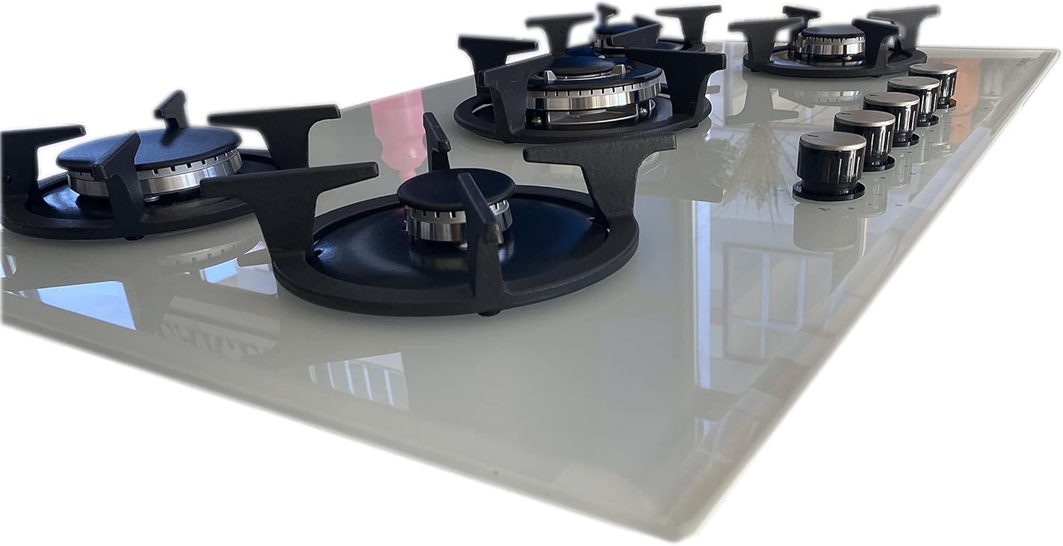 Piano cottura 90 cm vetro temperato BIANCO 5 fuochi tripla corona griglie ghisa Piano cottura 90 cm vetro temperato BIANCO 5 fuochi tripla corona griglie ghisa