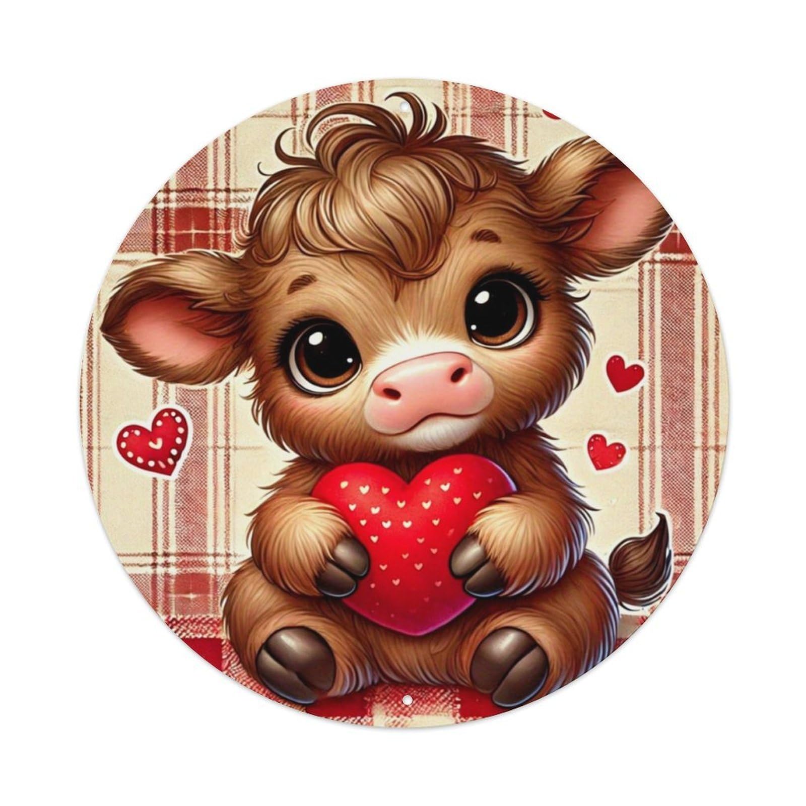 Plaid Background With Heart Prints Vintage Metal Tin Sign Retro Wall Decor for Home Bar Garage Cafe, Indoor & Outdoor Decorative，circle Metal Poster, 8x8 Inch