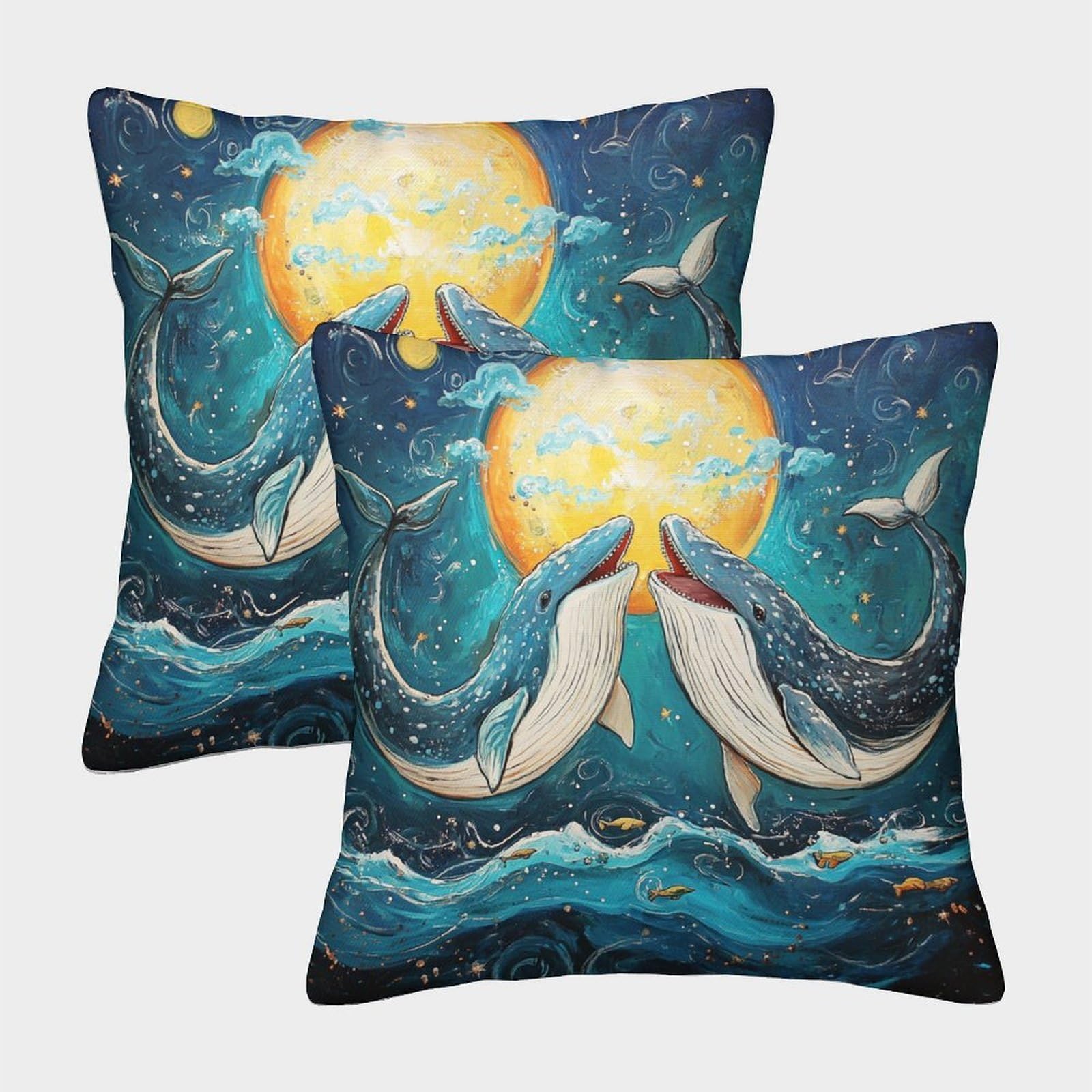 kaiyun 2 Pack Moon Whale 3D Oil Painting Style Cushion Cover Pillow Cover Sofa Outdoor Decoration Square 45x45cm