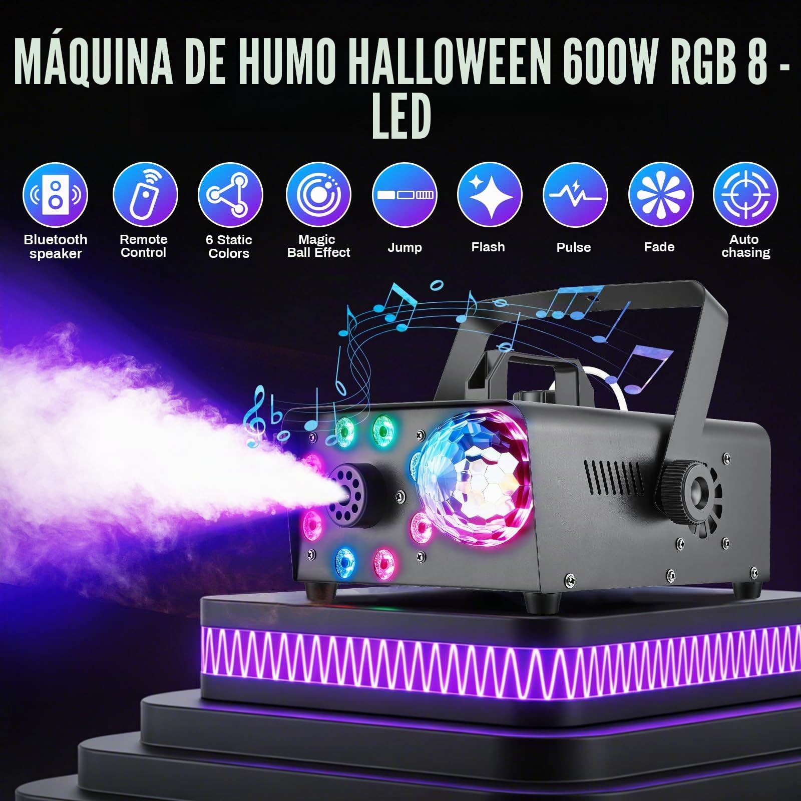 Máquina de Humo con Bluetooth, Bola de Disco Luminosa y Luces LED RGB, Altavoces Bluetooth Portátiles con 9 Luces LED Controlables, Máquina de Humo DJ para Navidad, Fiesta, Boda, Efecto de Escenario