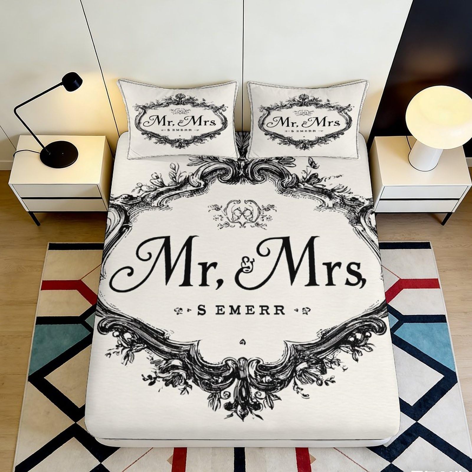 3D Printed Mr Mrs Fitted Sheet Microfiber Black White Ornate Bed Cover for Bedroom Guest Room Mattress Decor 90x200x25cm