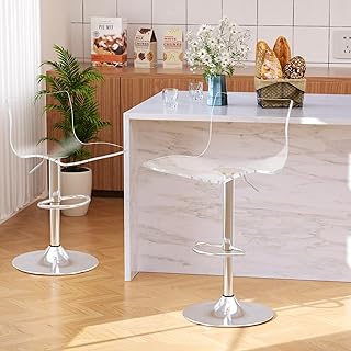 Clear Acrylic Bar Stools Set of 2 – Adjustable Swivel Barstools with Bac...