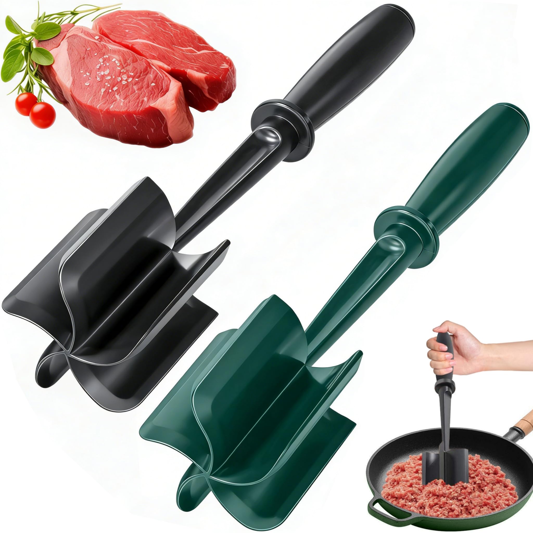 Mince Masher, 2 Pack Black and Green Ground Beef Meat Masher with 5-Blade Head, Versatile High-Temp Heat-Resistant Hamburger Meat Chopper, Non-Stick Mince Meat Shredder for Ground Turkey Beef