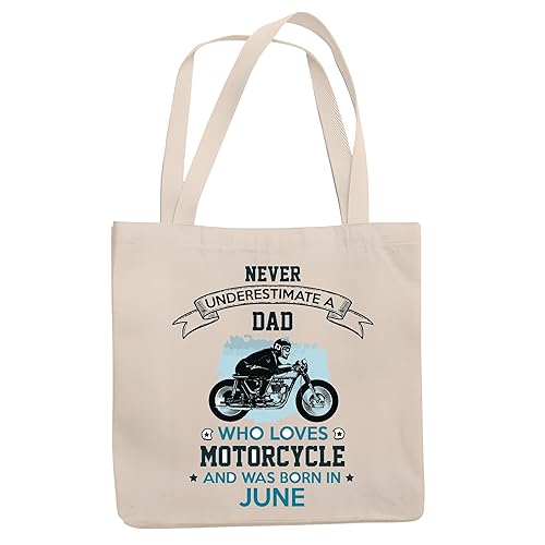Motorcycle Loving DADA Birthday Gift for June Borns Natural White Multicolor Canvas Tote Bag