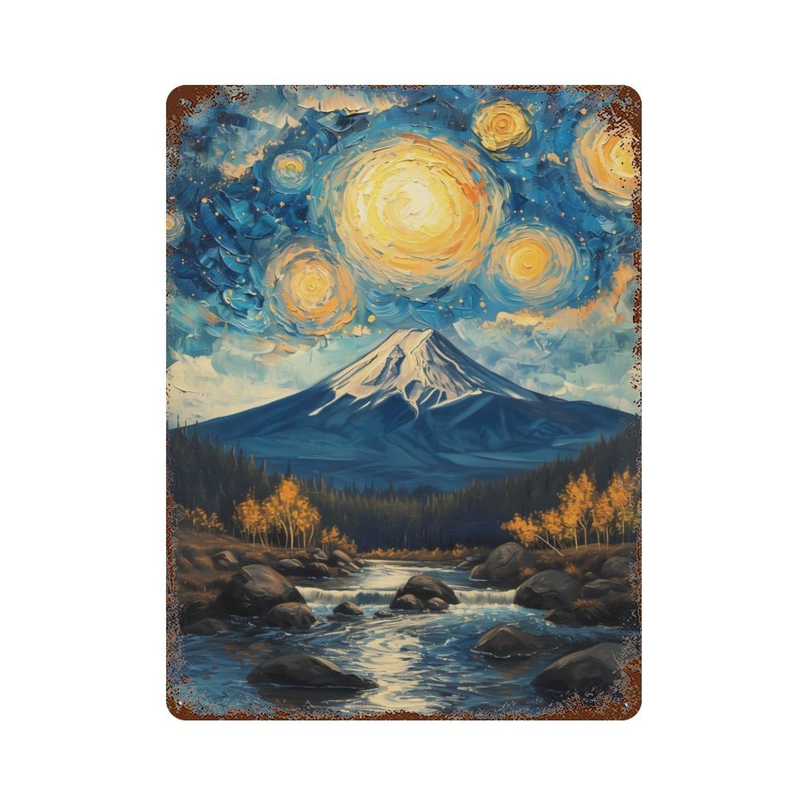 Starry Night Fuji Mount 15.7"x11.8" Retro Metal Sign, Industrial Home Decor for Basement, Hobby Room And Garage Decor