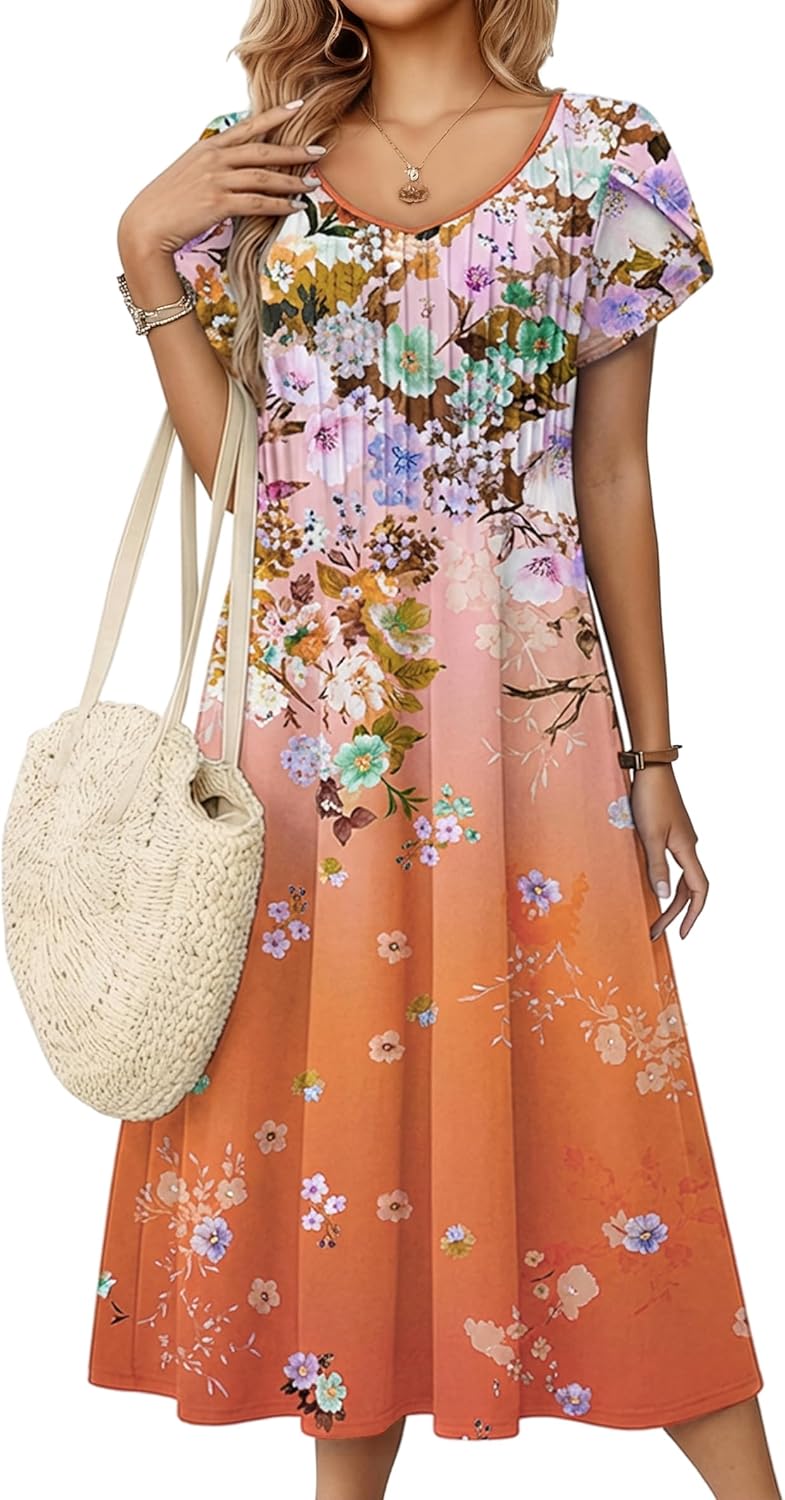 Zeagoo Women Midi Dresses for Summer 2026 Short Sleeve Casual Flowy Dress A Line Pleated V Neck Beach Sundress with Pockets