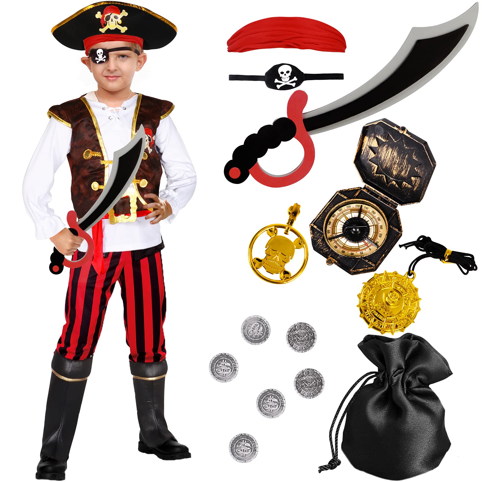 Tacobear Disfraz Pirata Niño con Pirata Accesorios Pirata Sombrero Parche Brújula Bolso Pendiente Pirata Capitán Disfraz de Halloween Carnaval para Niños Infantil 4 5 6 7 8 9 10 Años