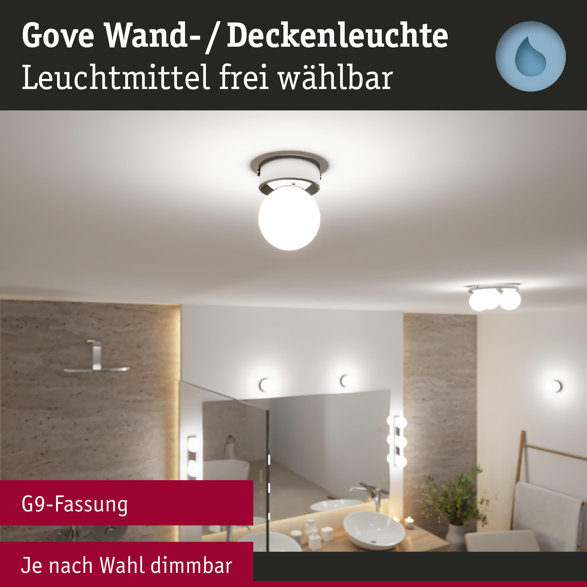 Plafonnier Salle De Bain Paulmann Gove - Sphère Chrome, IP44, Culot G9