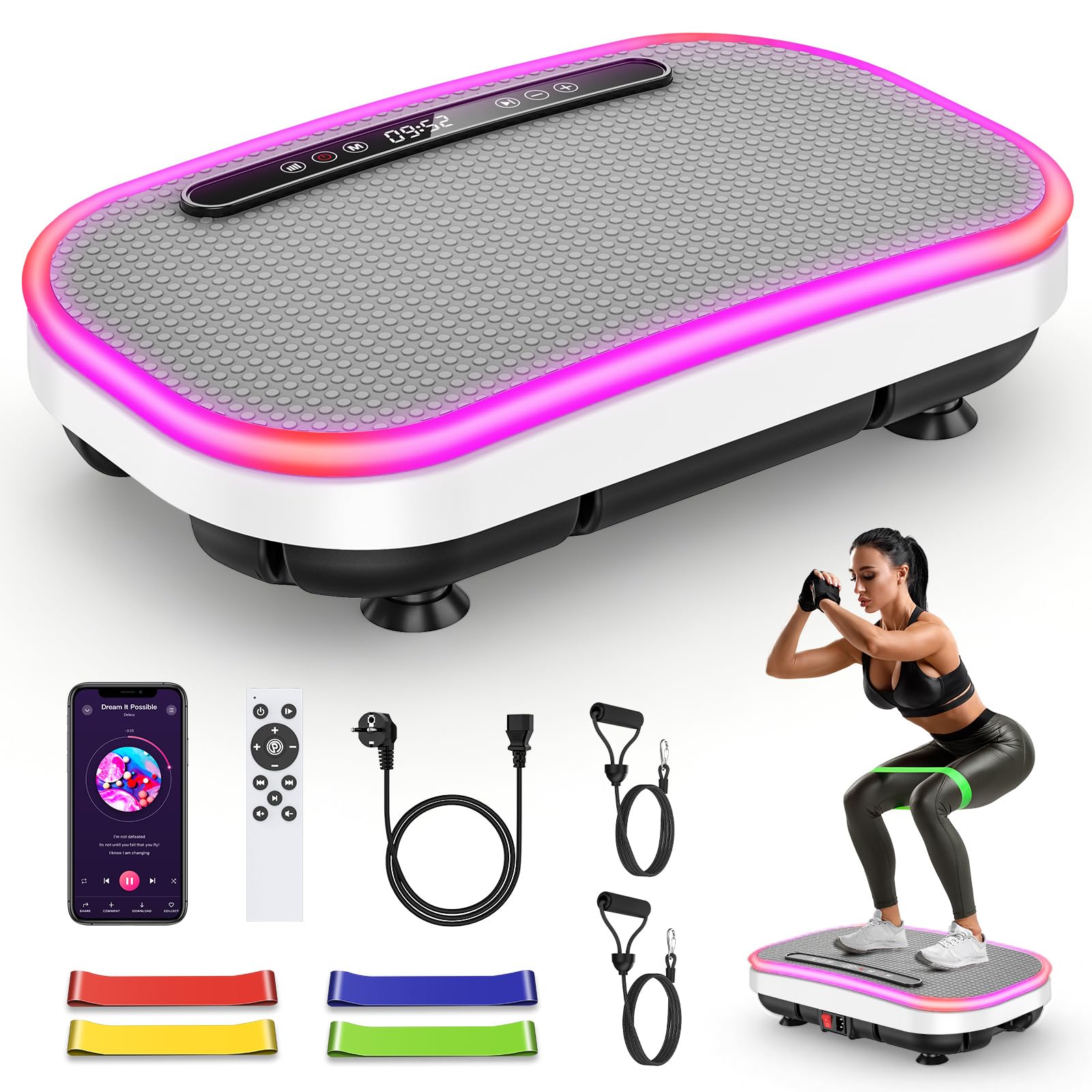 Pedana Vibrante, Pedana Vibrante Dimagrante con Banda di Resistenza, 9 Modalità Regolabili, 1-120 Livelli Di Intensità, Supporto Bluetooth, Telecomando, Schermo LED, Capacità di Carico 150KG