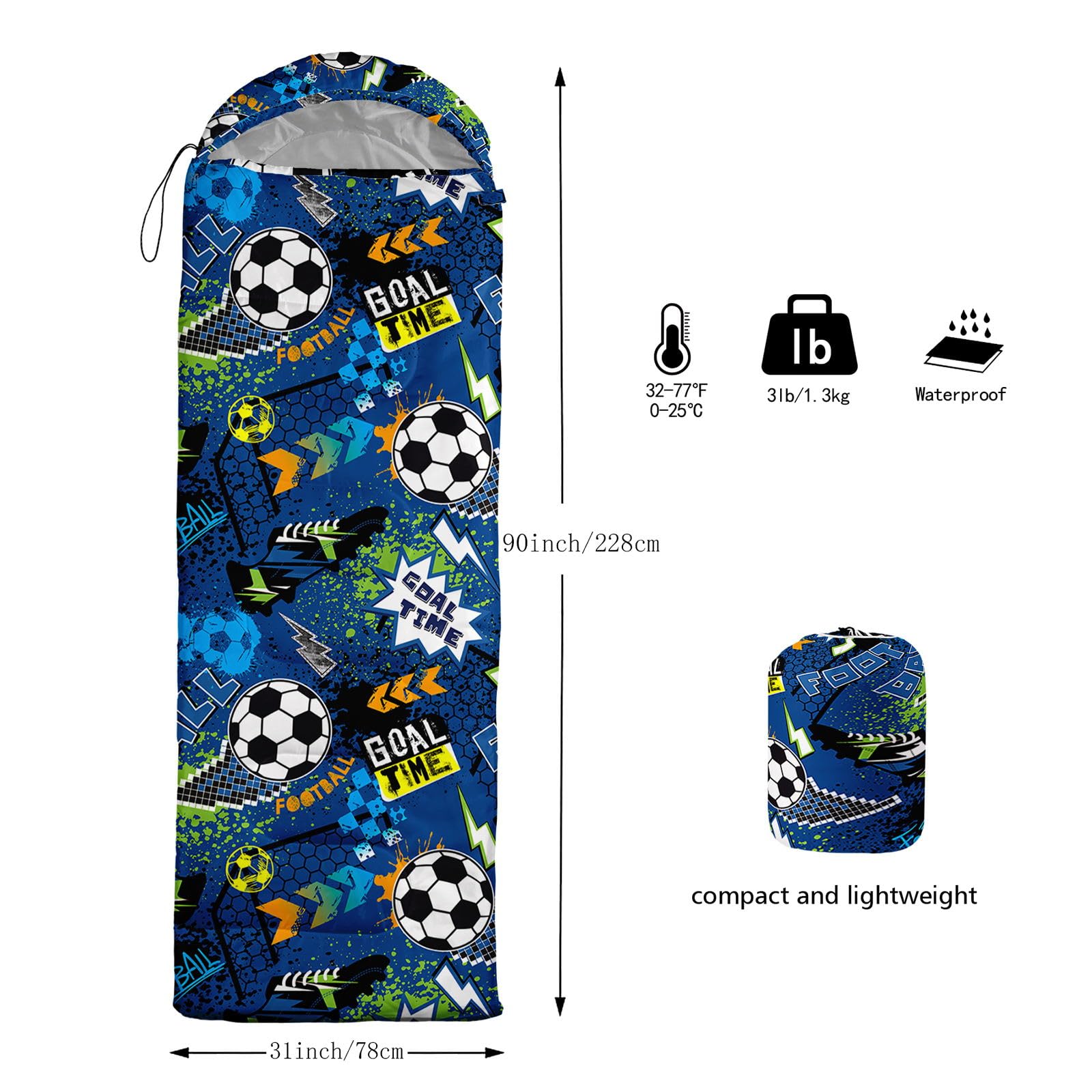 HOSIMA Sleeping Bags for Boys Kids,Blue Theme Trend Soccer Ball Printed Lightweight Warm Portable Outdoor Indoor Waterproof Cold Resistant Sleeping Bag for Camping Hiking (Football5) - Image 3