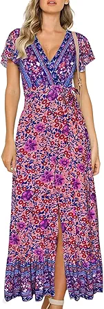 ZESICA Women's 2023 Bohemian Floral Printed Wrap V Neck Short Sleeve Split Beach Party Maxi Dress