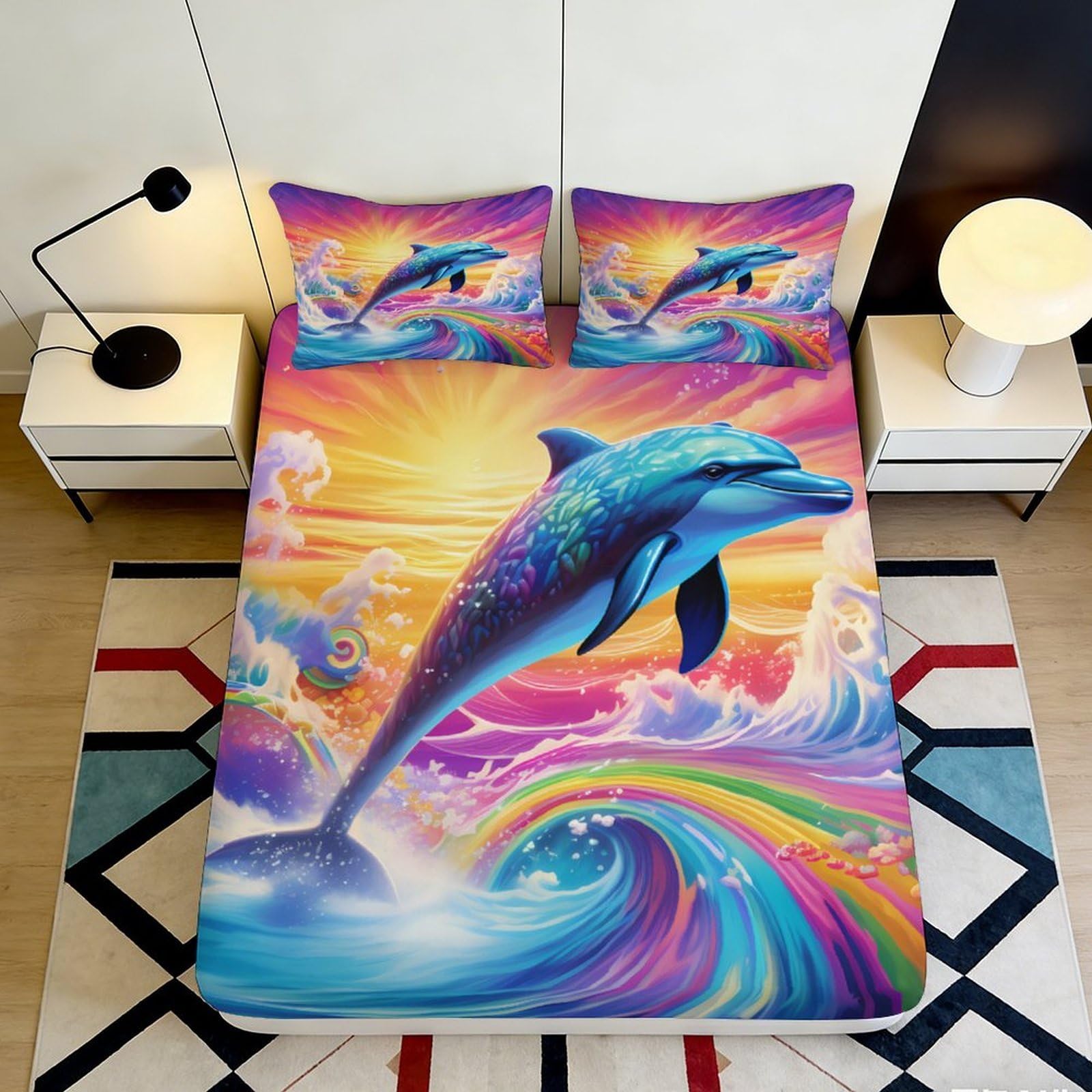 3D Printed Dolphin Sunset Fitted Sheet Microfiber Soft Colourful Ocean Wave Mattress Cover Bedroom Dorm Decor 90x200x25cm