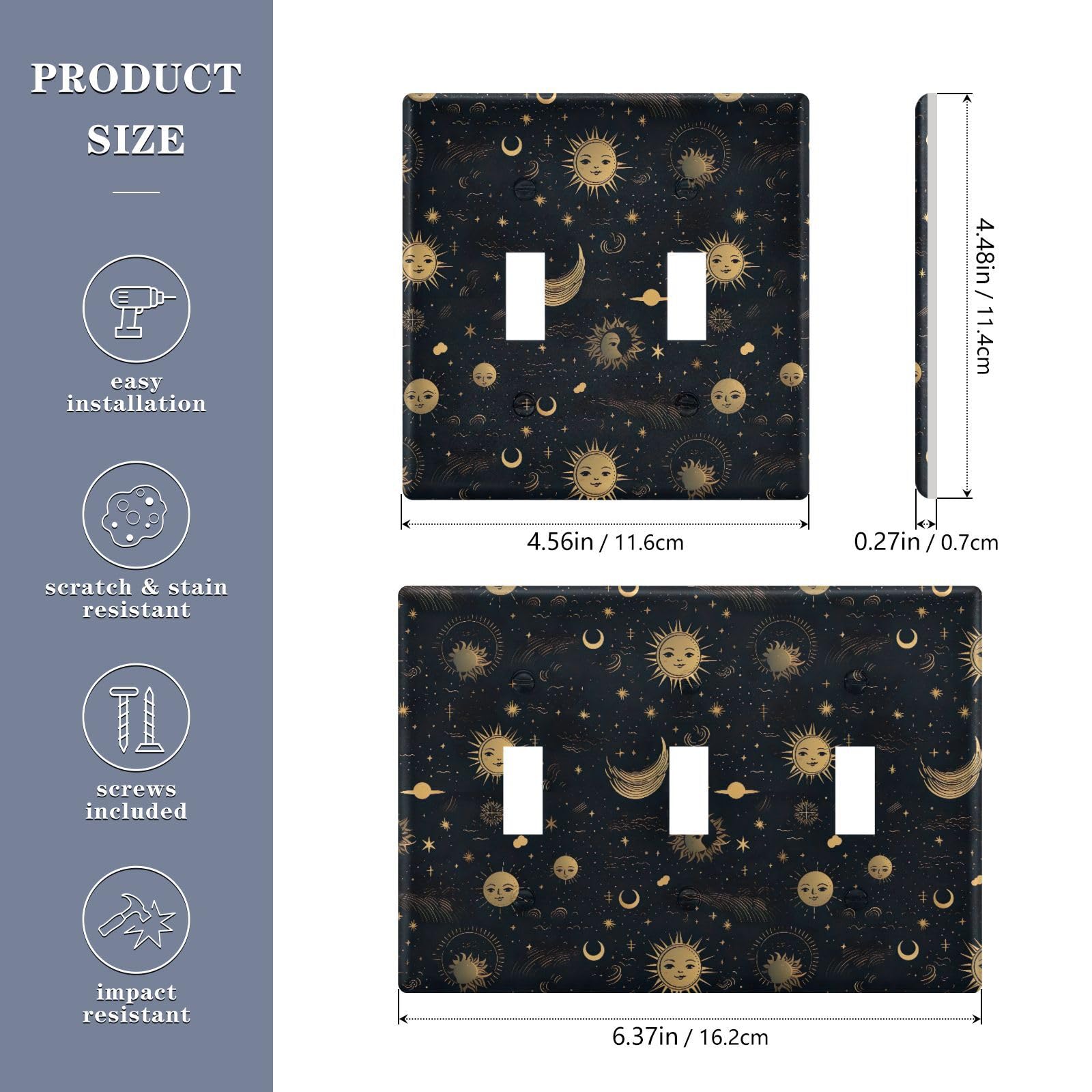 Light Switch Cover Sun and Moon Mandala Wall Plates for Electrical Outlets 3 Gang 202a8487