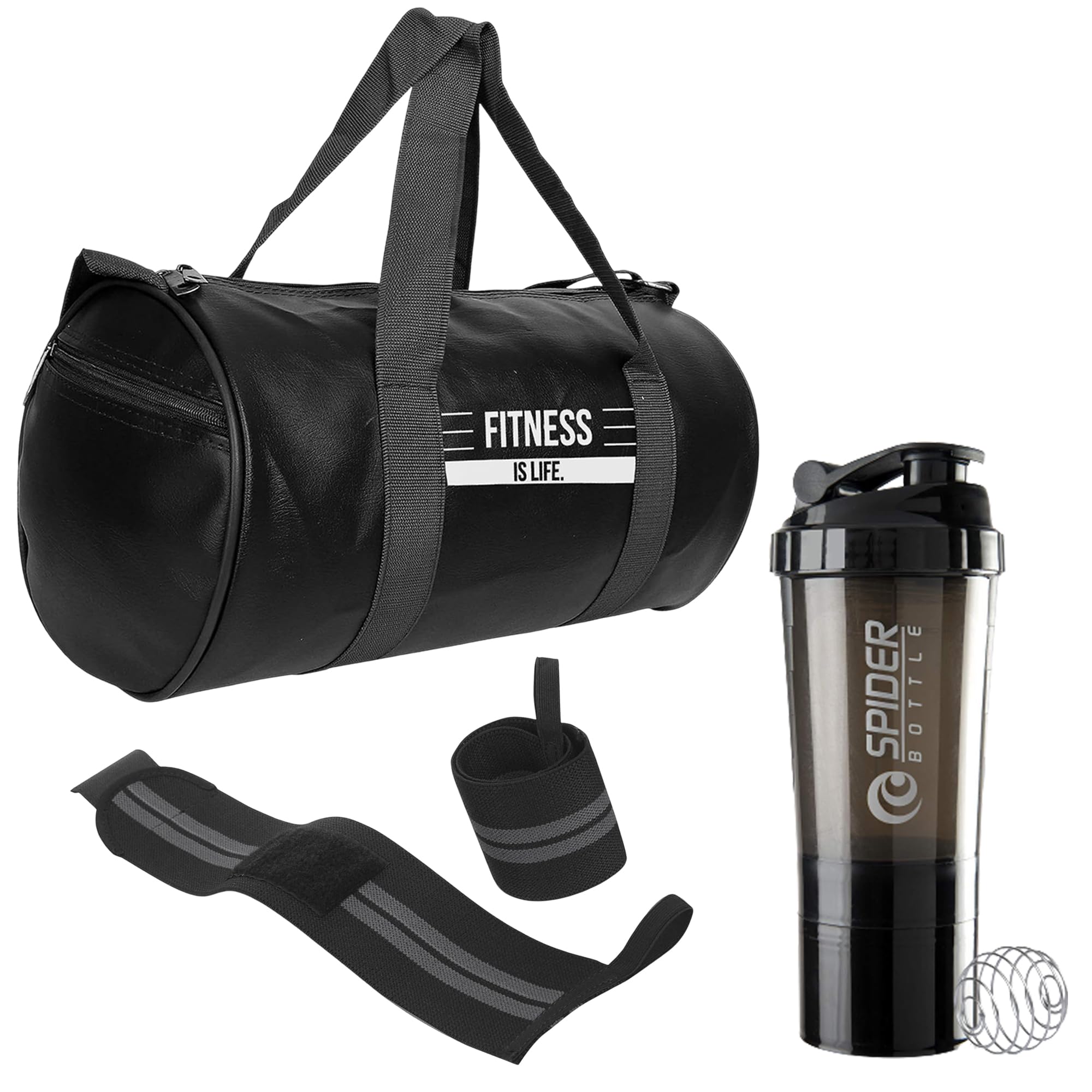 Gym Combo for Men Combo of Duffle Gym Bag with Shoe Compartment, Gym Wrist Band, Black 500ML Shaker Bottle, Gym kit for Men and Women (Black)-image-49