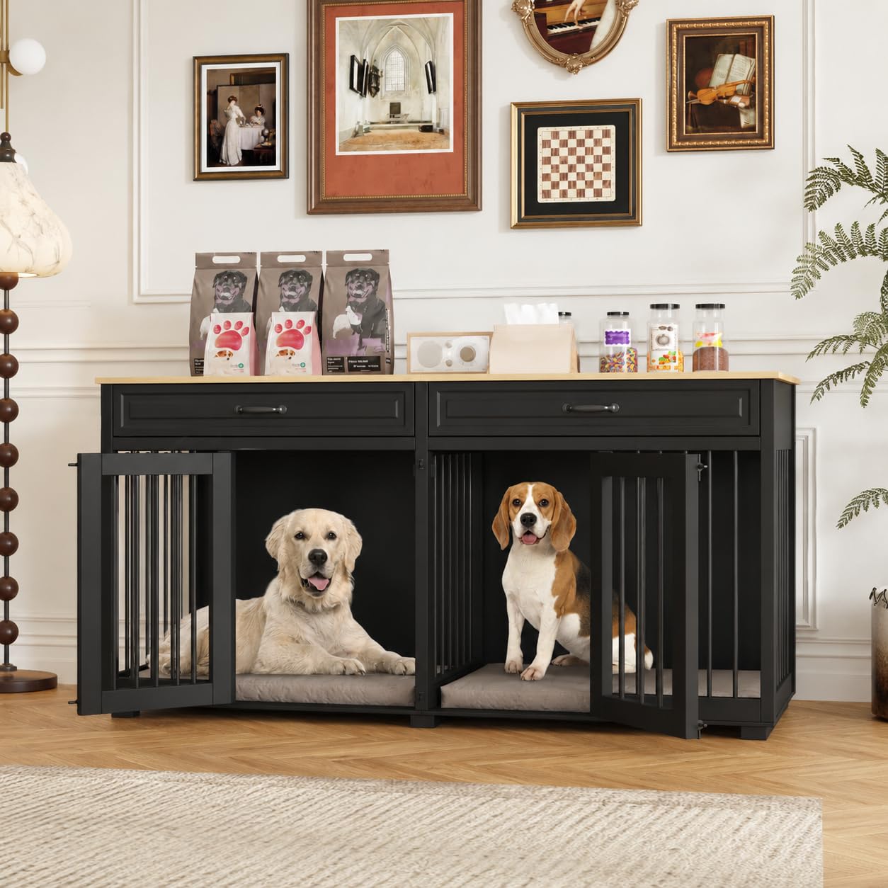 Hundekäfig mit 2 Schubladen und 2 Türen Hundebox für Innenbereich Hundehaus mit getrenntem Innenraum Schwarz und Eichenfarbe 164×60×80cm MDF Hundehütte für 2 Hunde
