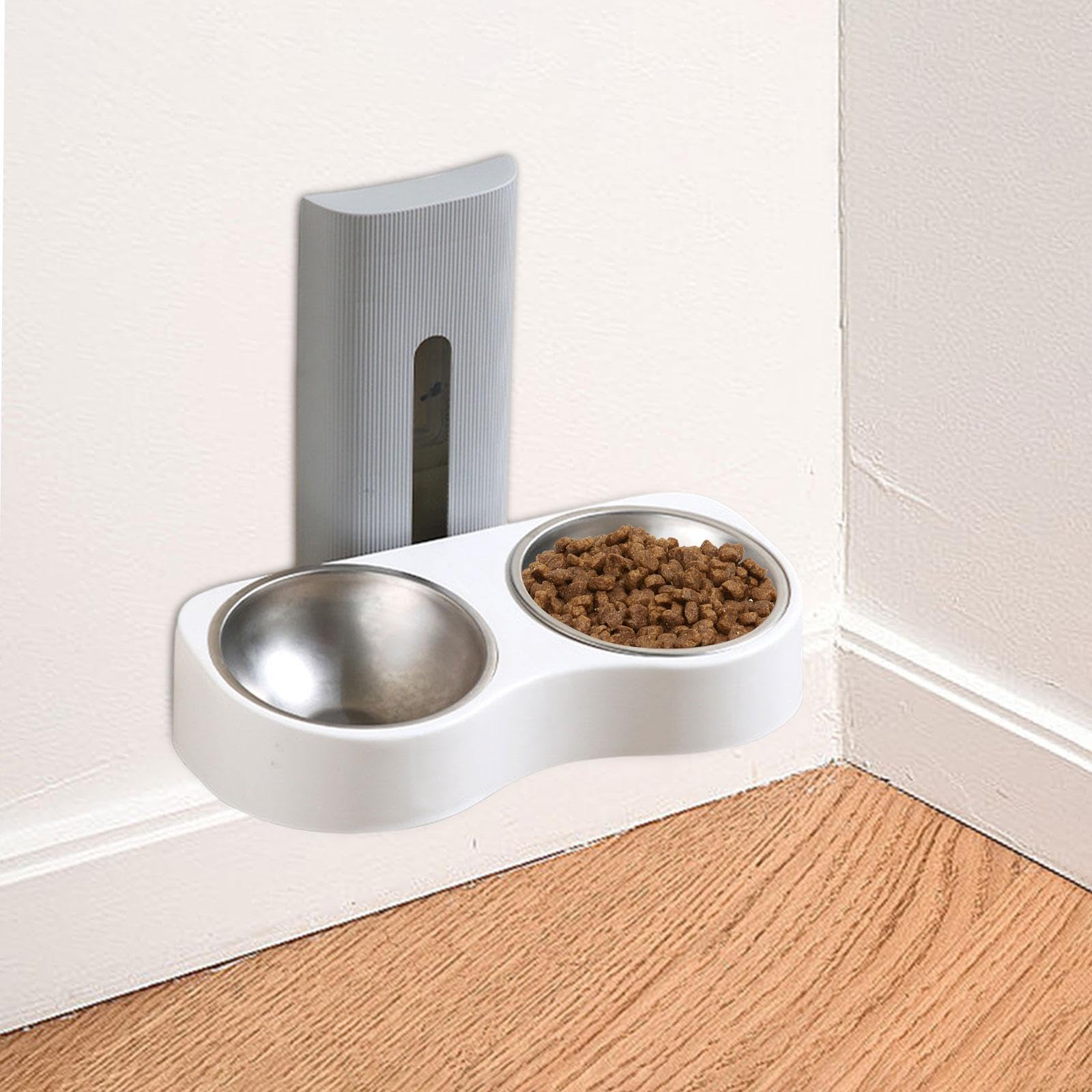 Comedero Doble para Mascotas Extraíble Ajustable Diseño Compacto Resistente Al Desgaste Instalación en Pared Fácil Limpieza Adecuado para APA, Gris Y Blanco