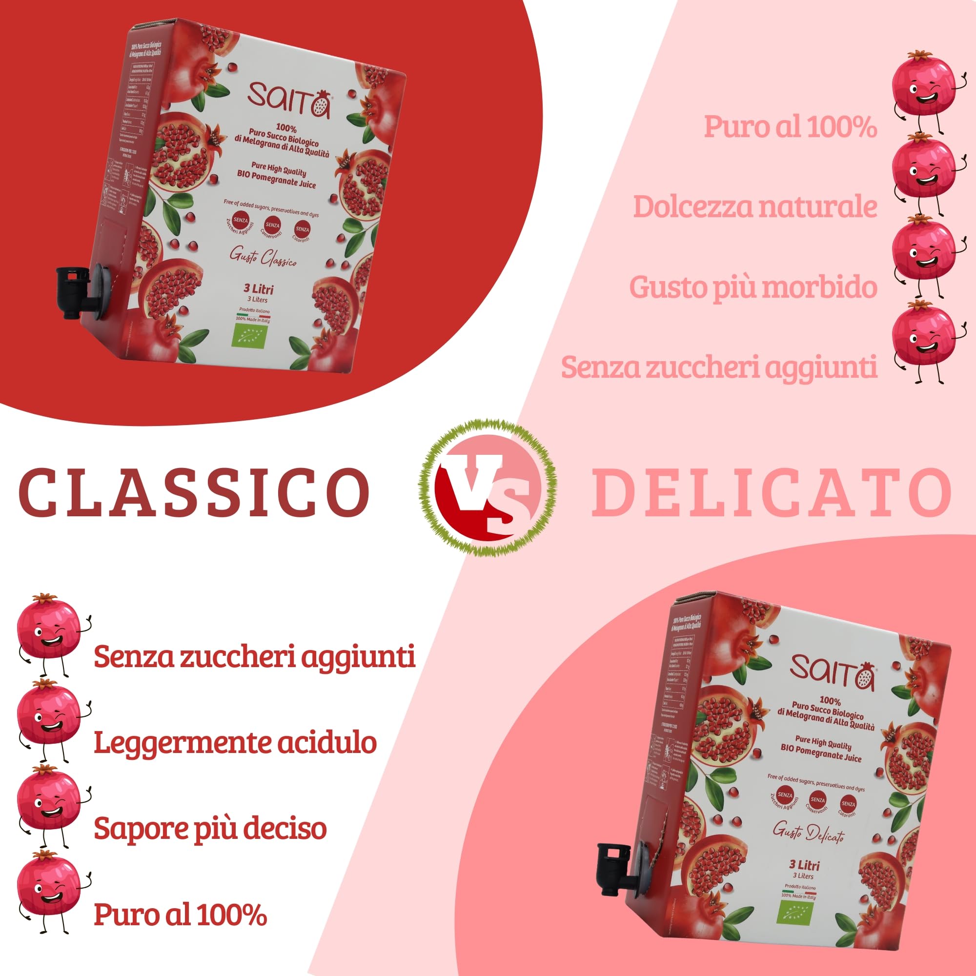 Saita Succo di Melograno 100% Puro Biologico, Succo di Frutta Senza Zuccheri Aggiunti, Vitamina C Naturale, Vegan Superfood Detox, Bag in Box 3 l, Classico, Made in Italy