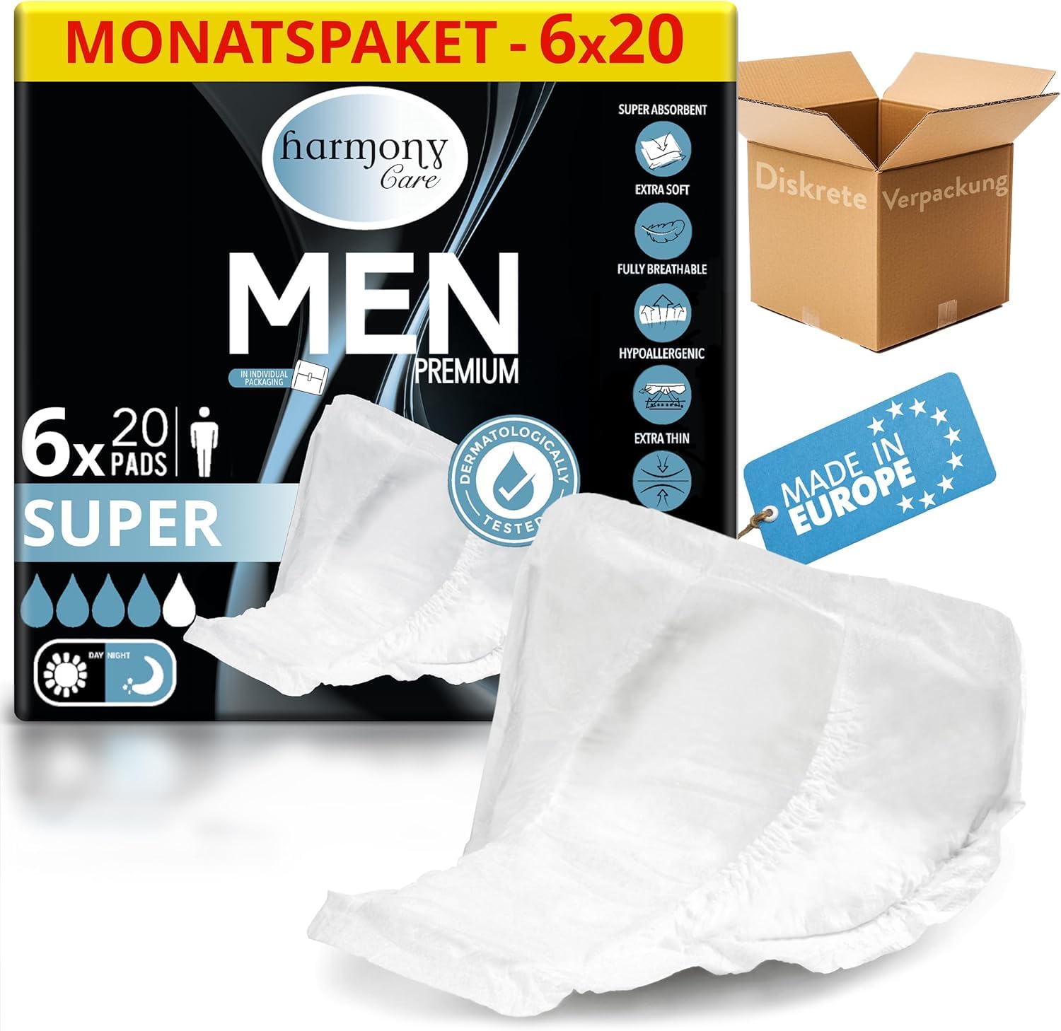 Harmony Care® Men - Compresas de incontinencia súper absorbentes para hombres leve a moderada - Discretas compresas para hombres en caso de incontinencia - 120 unidades