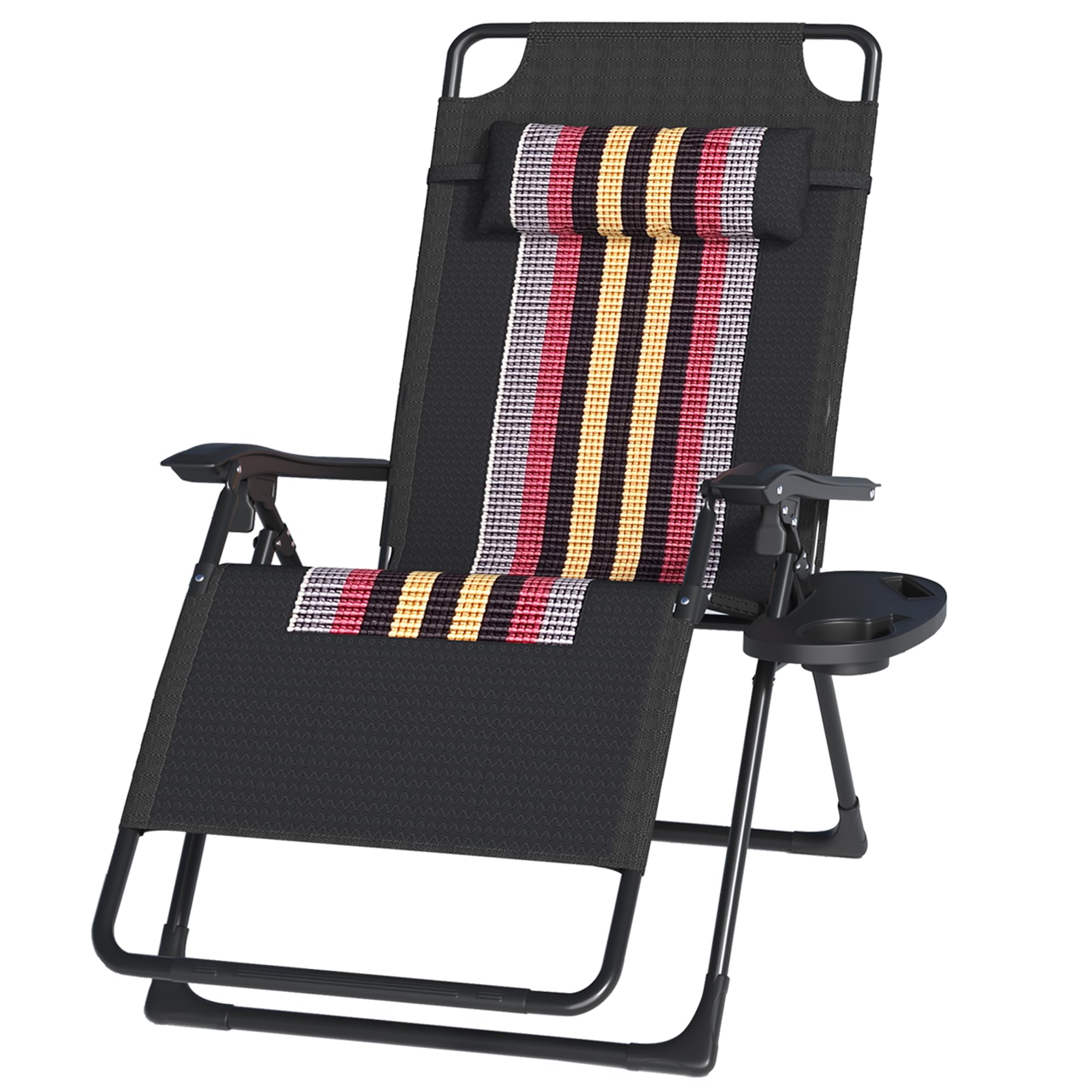 Tumbona Jardin Exterior, Tumbonas Plegable, Extra Ancho Silla Gravedad Cero Reclinable - Respaldo Ajustable, Silla con Portavasos y Reposacabezas, para Playa, Piscina, Terraza, Negro