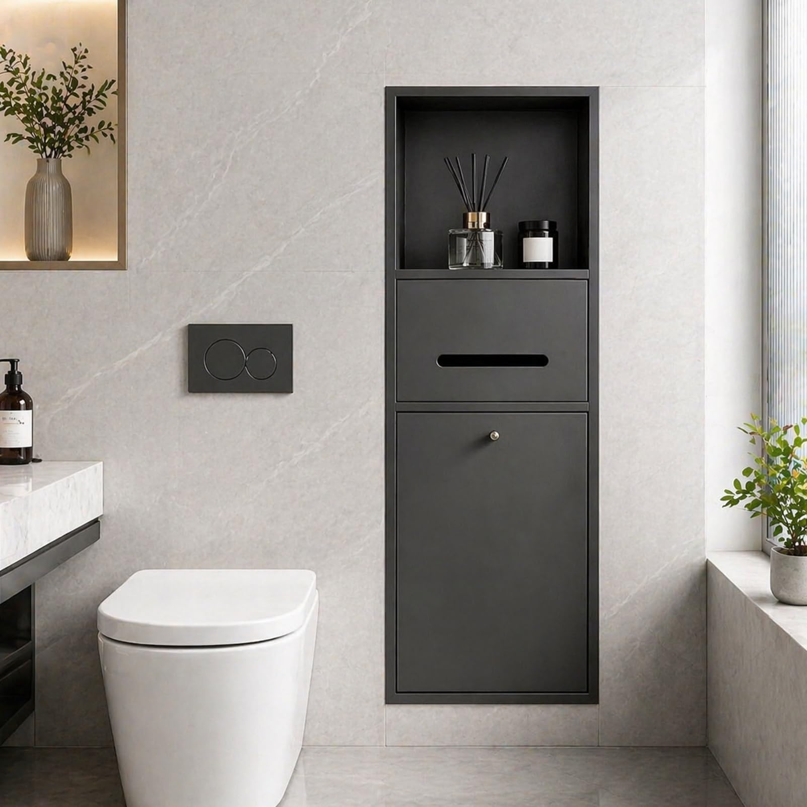 Built in Toilet Roll Holder, Recessed Bathroom Wall Cabinet with Hidden Waste Bin, 304 Stainless Steel Toilet Paper Storage Niche for Cloakroom, Ensuite and Small WC