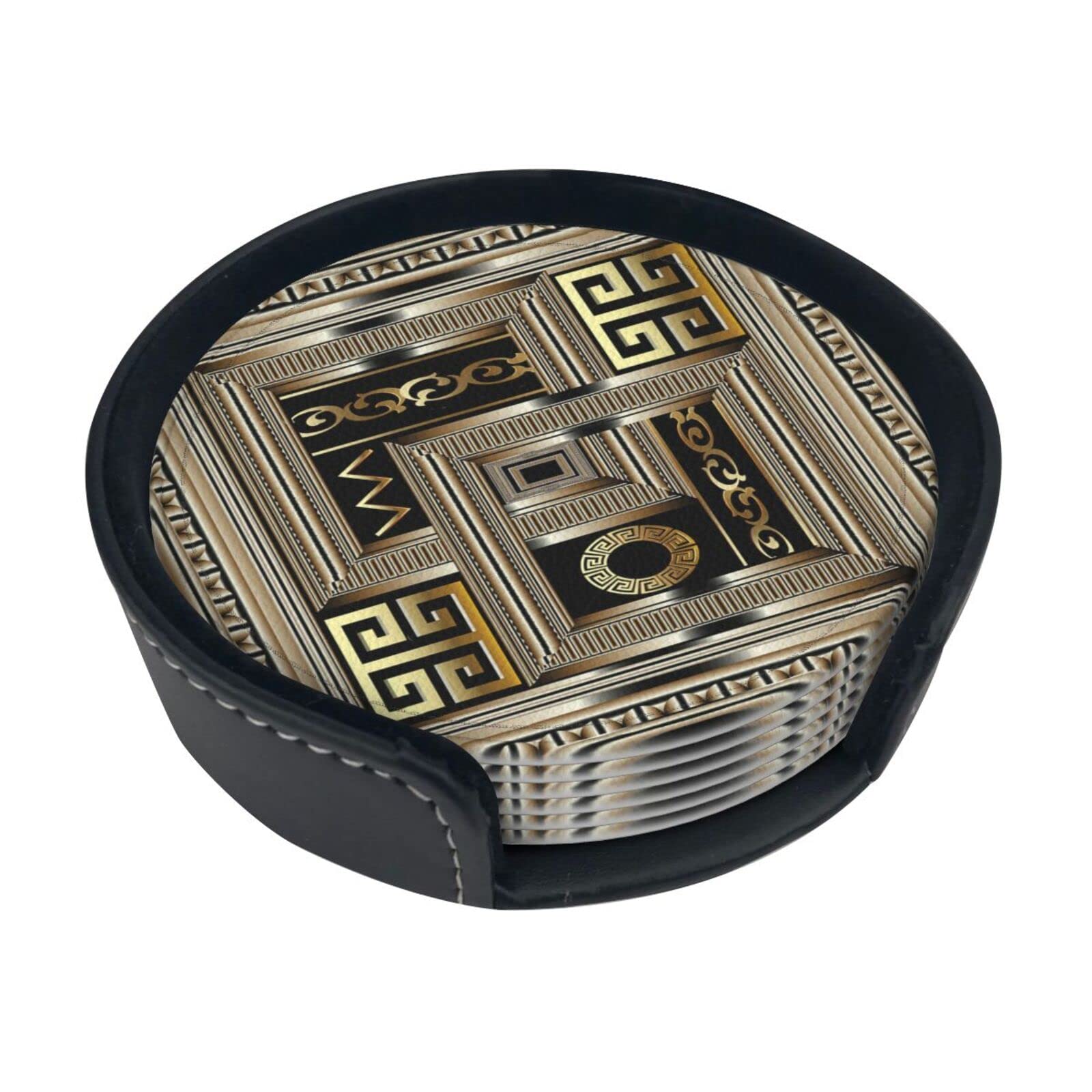 Round Coasters, Greek Key Meander Ornamental Pattern,Mugs Pad Cups Mat Set of 6 Leather Drinks Coasters with Holder