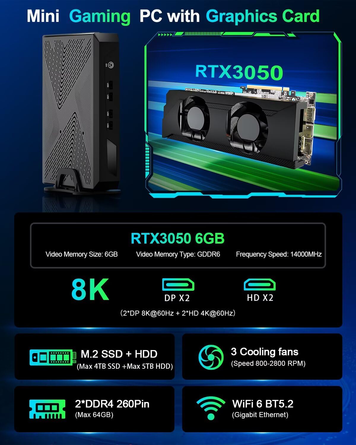WEIDIAN Mini Gaming PC RTX 3050, Micro Computer Win 11 Pro 13a Gen i7-13700H 64GB RAM 512GB NVME SSD 1TB HDD, 8K 2DP 2HD, WiFi6 BT5.2, 8USB, Mini PC Gaming con Scheda Grafica per Giochi