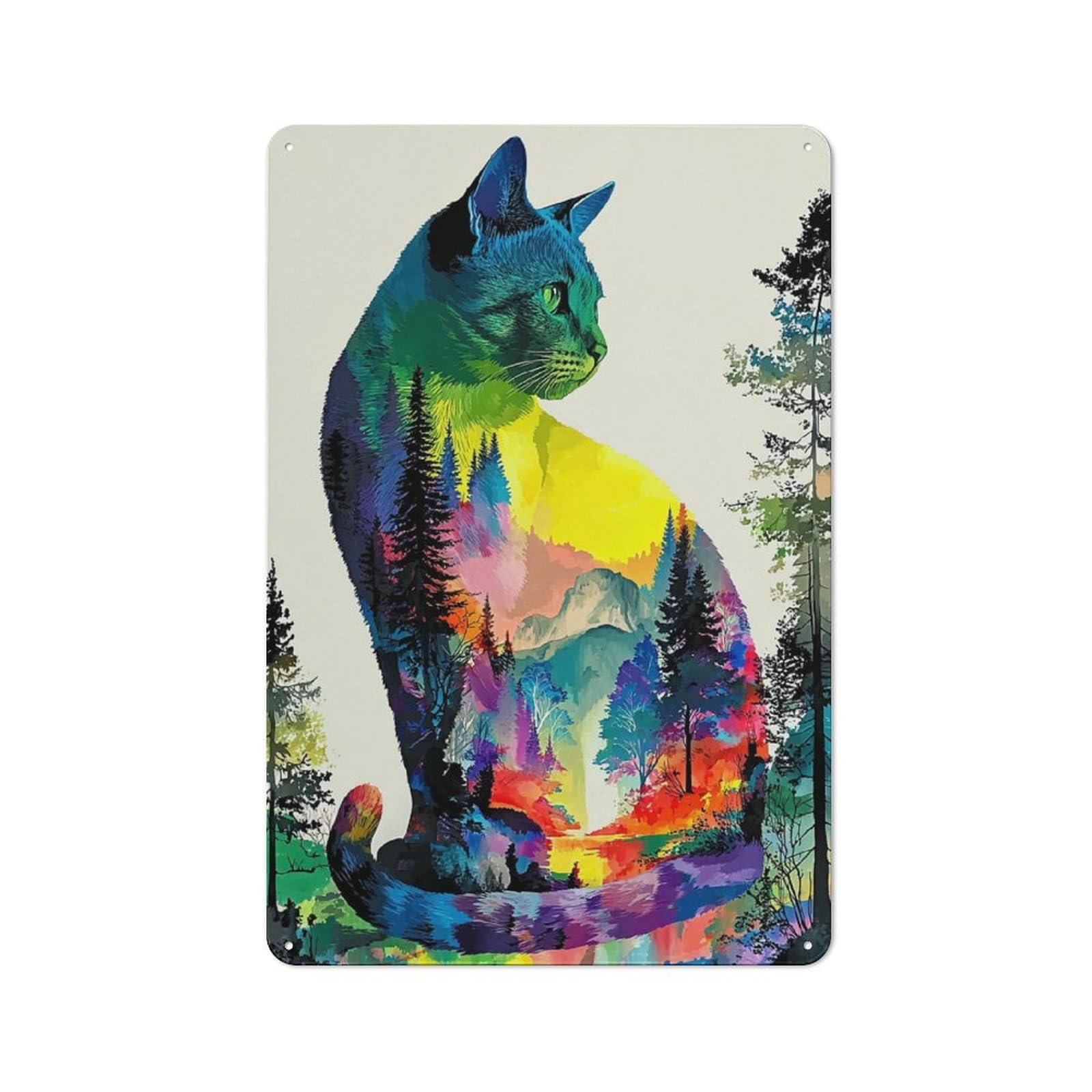 Junmoney Colorful Cat Silhouette With Nature Landscape Decorative Tin Plaque With Design 30X20cm, Classic Novelty Wall Art For Flat, Dorm Room, Lounge Or Cafe