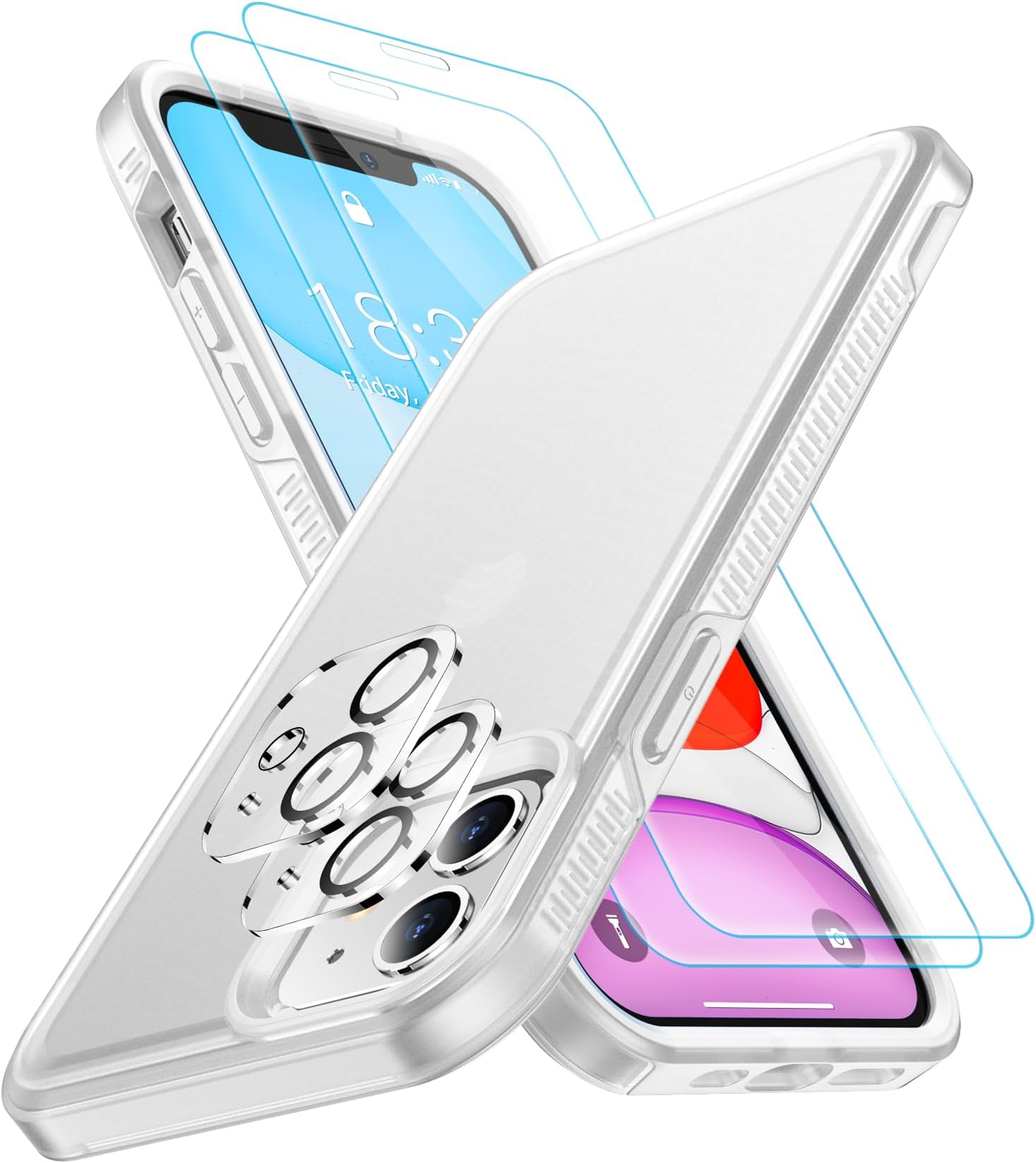 SPIDERCASE Shockproof for iPhone 11 Case,[10 FT Military Grade Drop Protection],Phone Charms with 2 pcs[Tempered Glass Screen Protector+Camera Lens Protector] Protective Phone Case,Frosted Clear