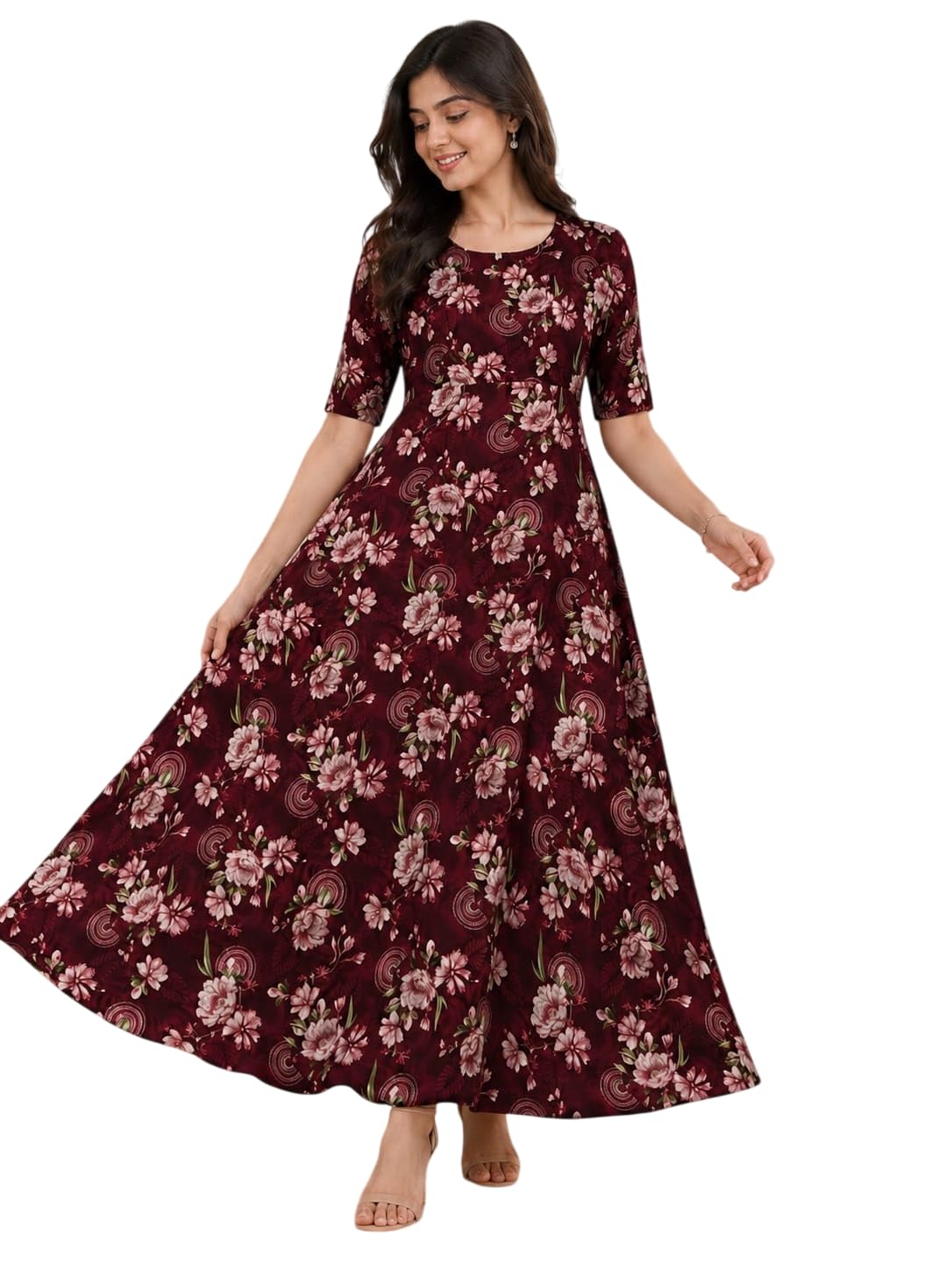Women's Maroon Floral Printed Fit & Flare Maxi Dress with Half Sleeves-image-13