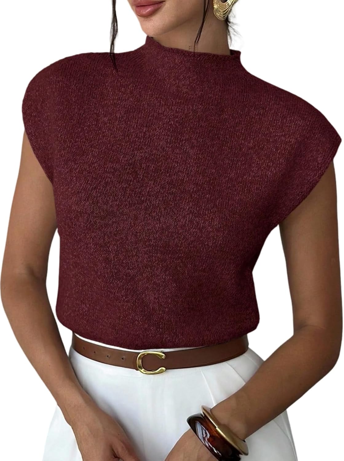 ZAFUL Women's Mock Neck Sweater Vest Cap Sleeve Casual Knit Pullover Tank Outfits Tops