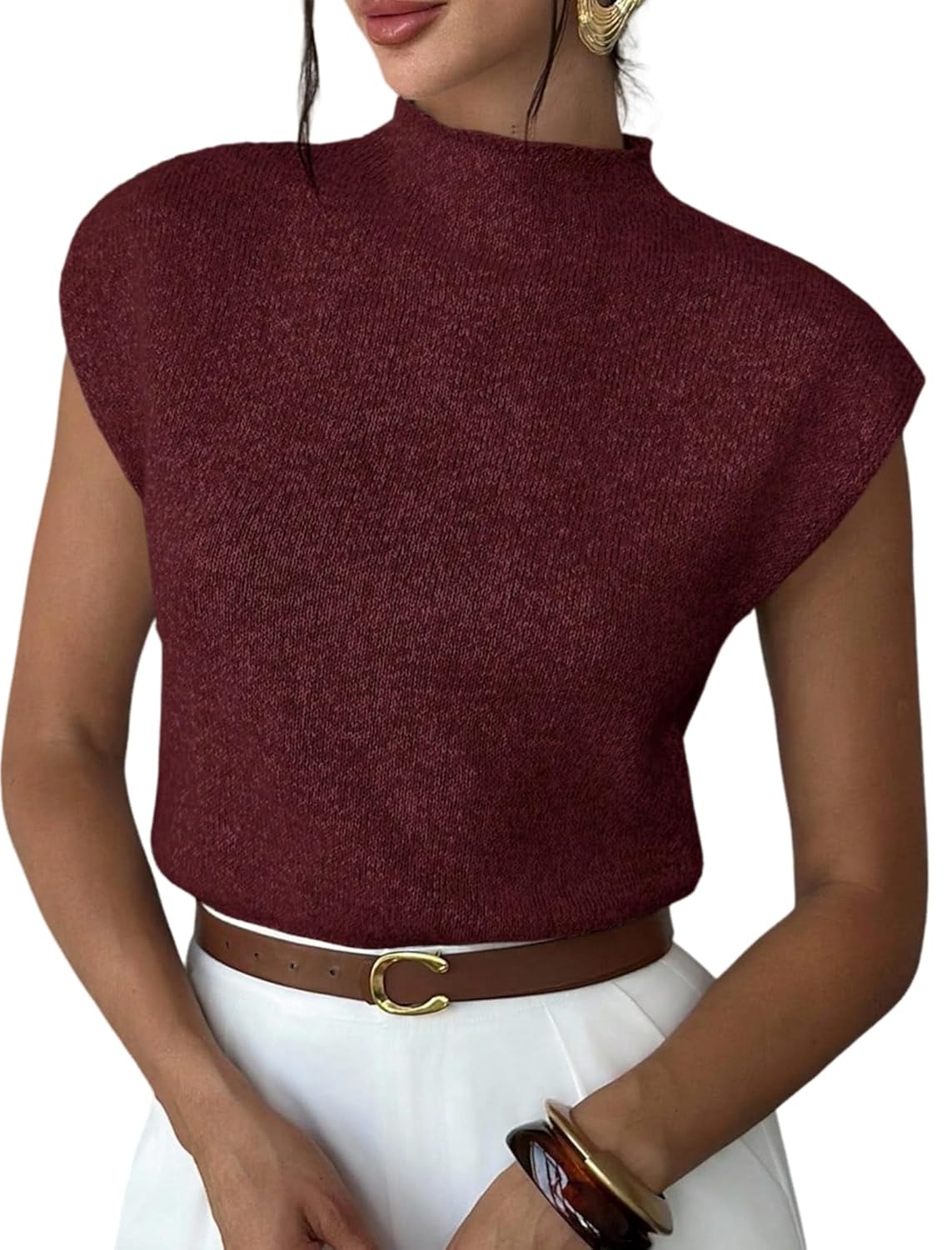 ZAFUL Womens Mock Neck Sweater Vest Cap Sleeve Casual Knit Pullover Tank Outfits Tops