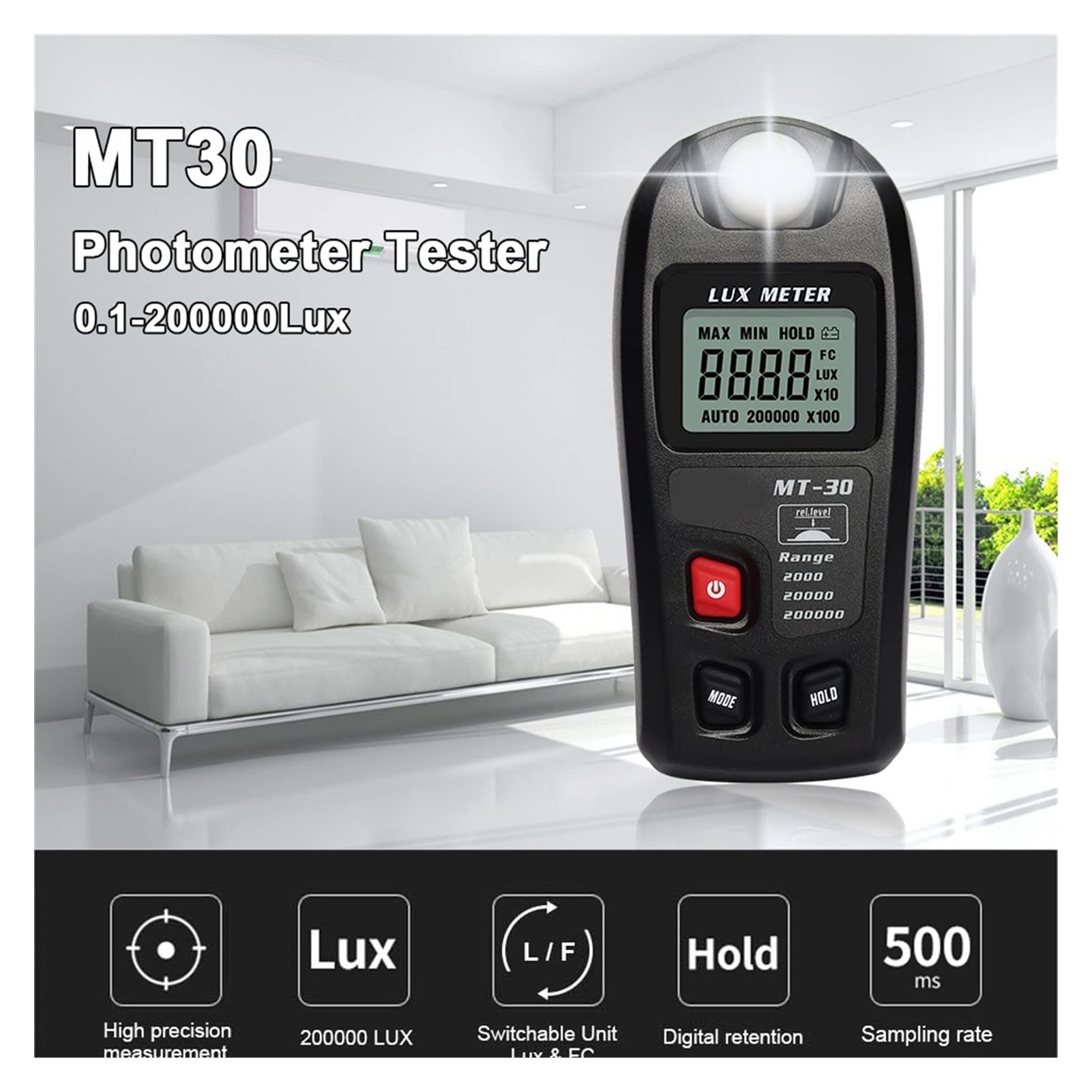 Medidor de luz, Tester de fotómetro Medidor de luz de prueba ambiental 0~200,000LUX Rango de bolsillo Diseño de bolsillo Medidor de luz Illuminator Digital Handheld Ambient Temperature medidor