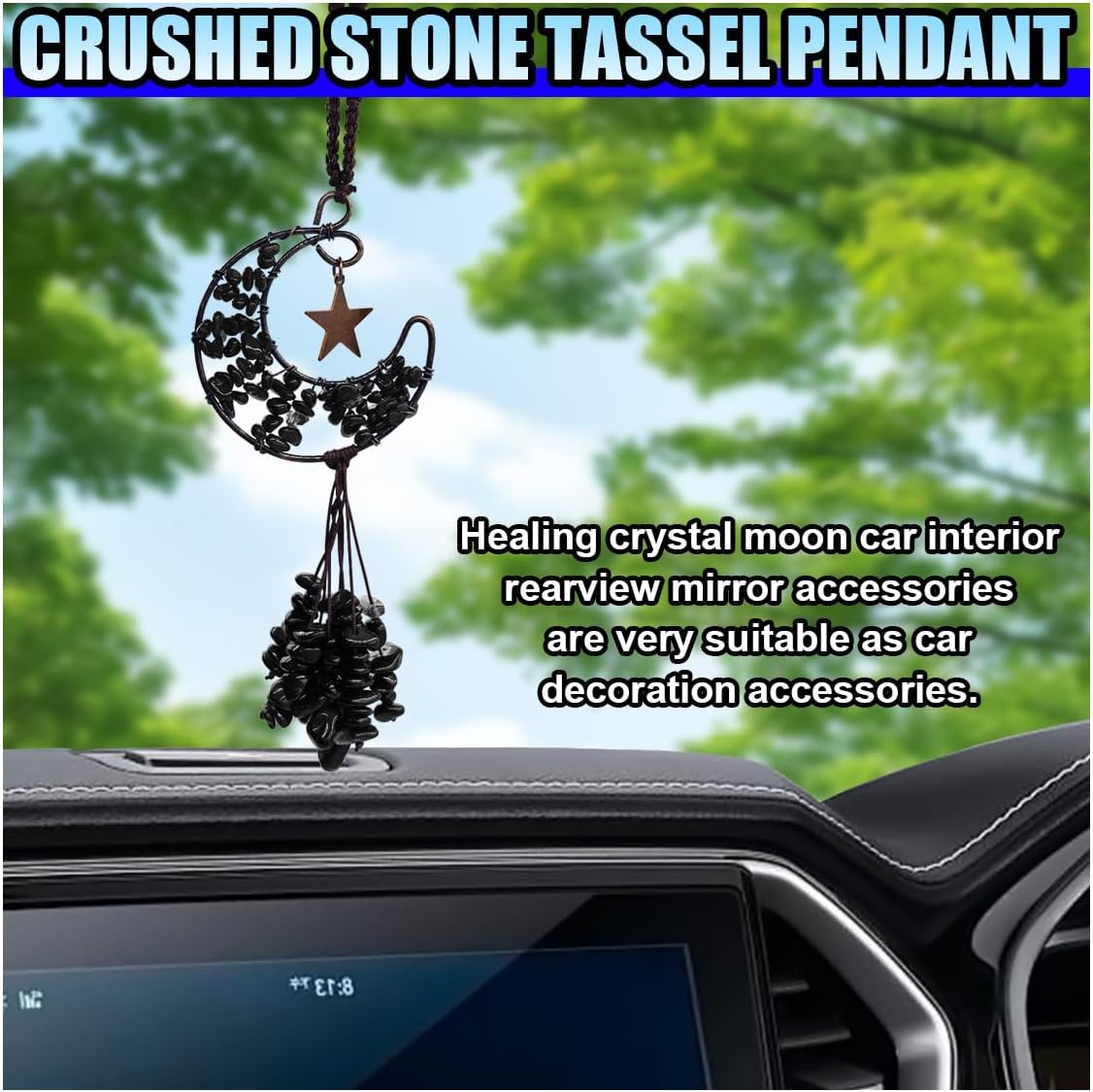 Obsidian Crystal Car Rear View Mirror Charm, Handmade Auto Mirror Hanging Accessories, Healing Crystal Moon Car Ornament, Lucky Auto Interior Decoration Pendant for Women Men (Black)