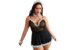 Women's Plus Size Maid Outfit Costume Lace Trim Lingerie Dress 6 Piece Cosplay Set