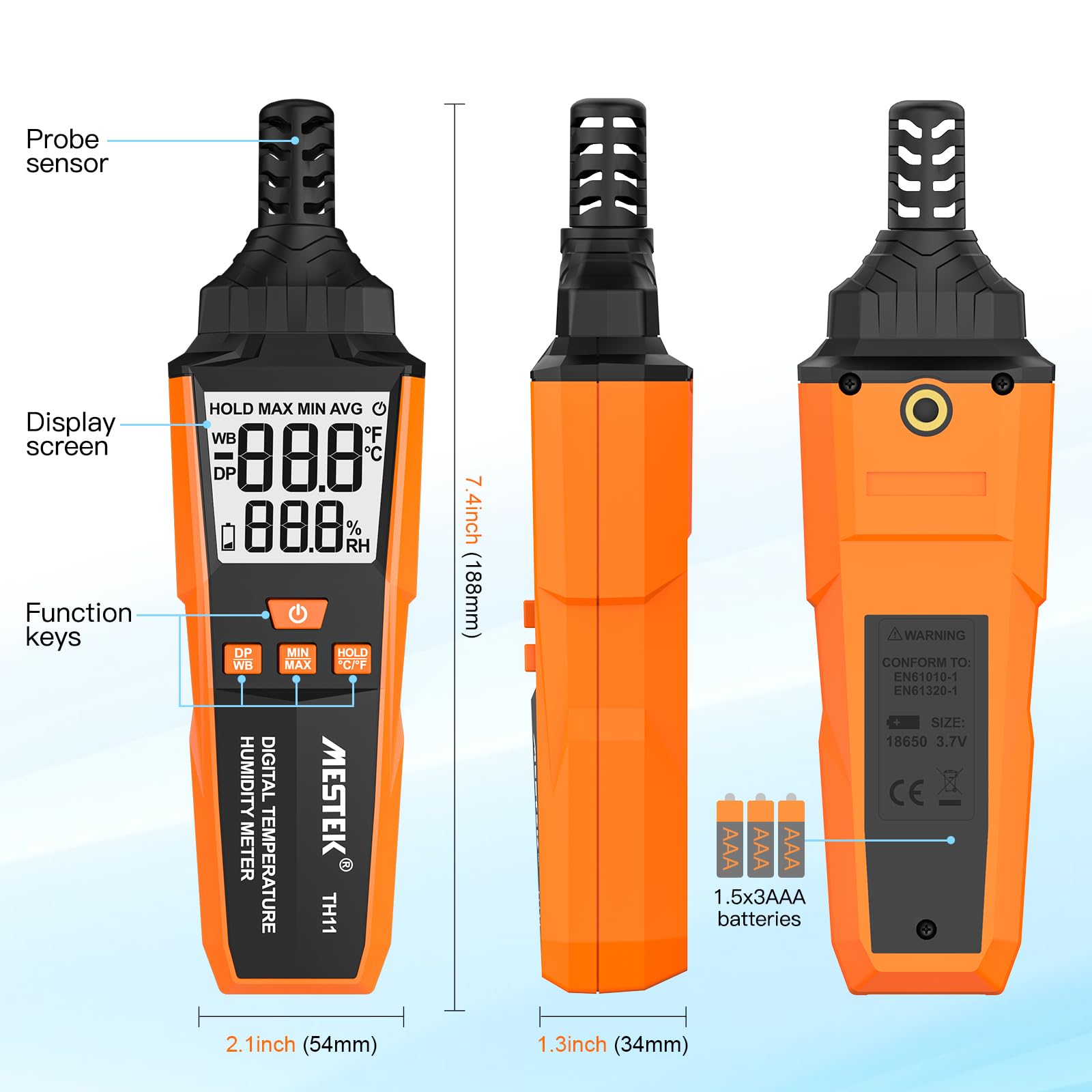 Termometro Igrometro MESTEK, Digitale Termo-Igrometro Interno Esterno, Misuratore di Umidità e Temperatura, Punto di Rugiada e Bulbo Umido Temp, Portable per Casa Ufficio Industria Agricoltura