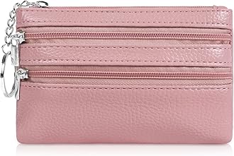 Coin Purse Leather Zipper Wallet Card Holder Key Case Women Mini Wallet, with 3 Compartments & Keychain, Small & Lightweight, Easy to Carry, 12 * 8 CM (Pink)