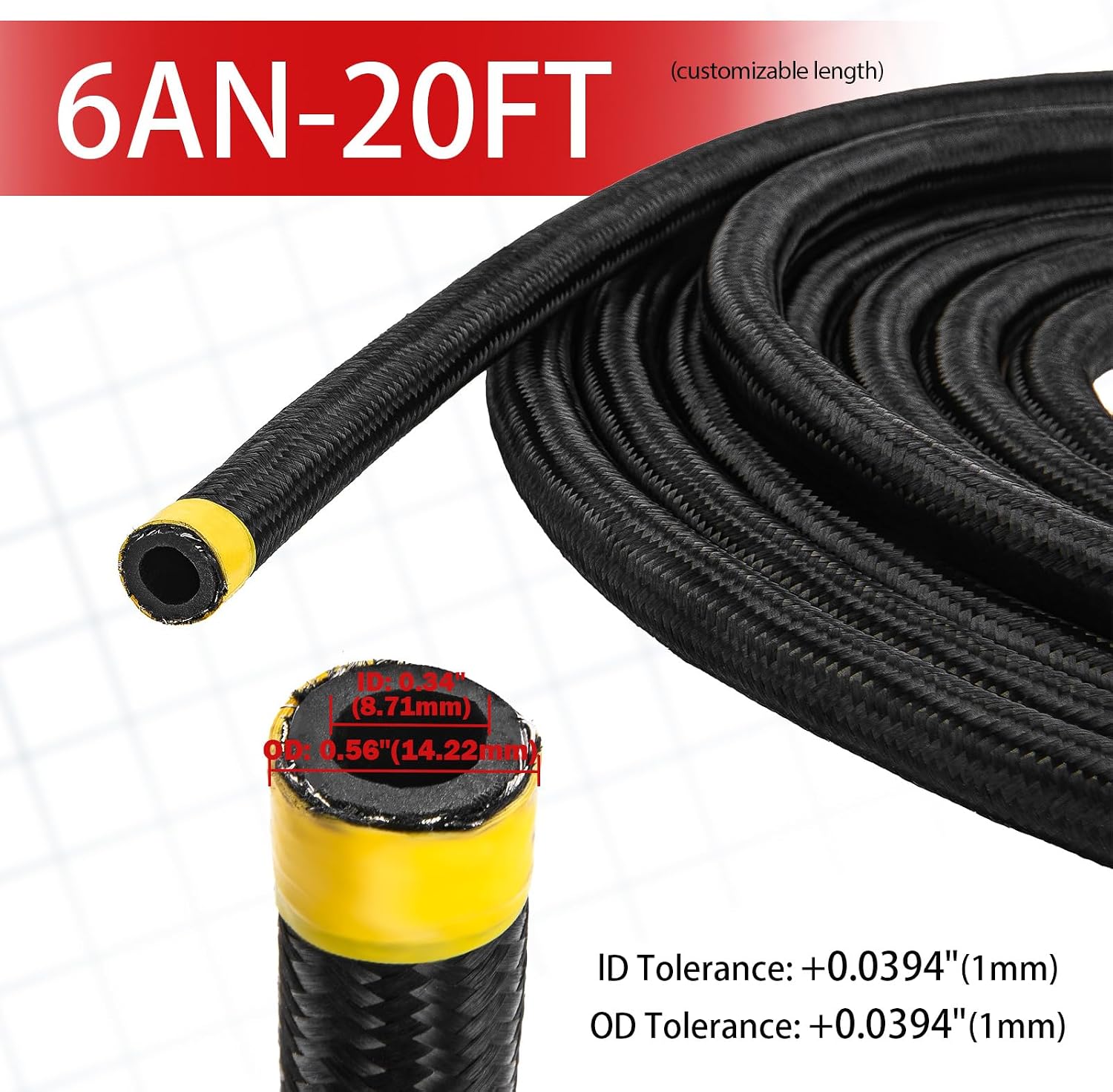 6an Fuel Line Hose, 20 FT 3/8 Braided Fuel Line Nylon Braided 6an Hose Line, Nylon CPE AN6 Fuel Line for Fuel, Oil, Gas, Diesel, Hydraulic - Black