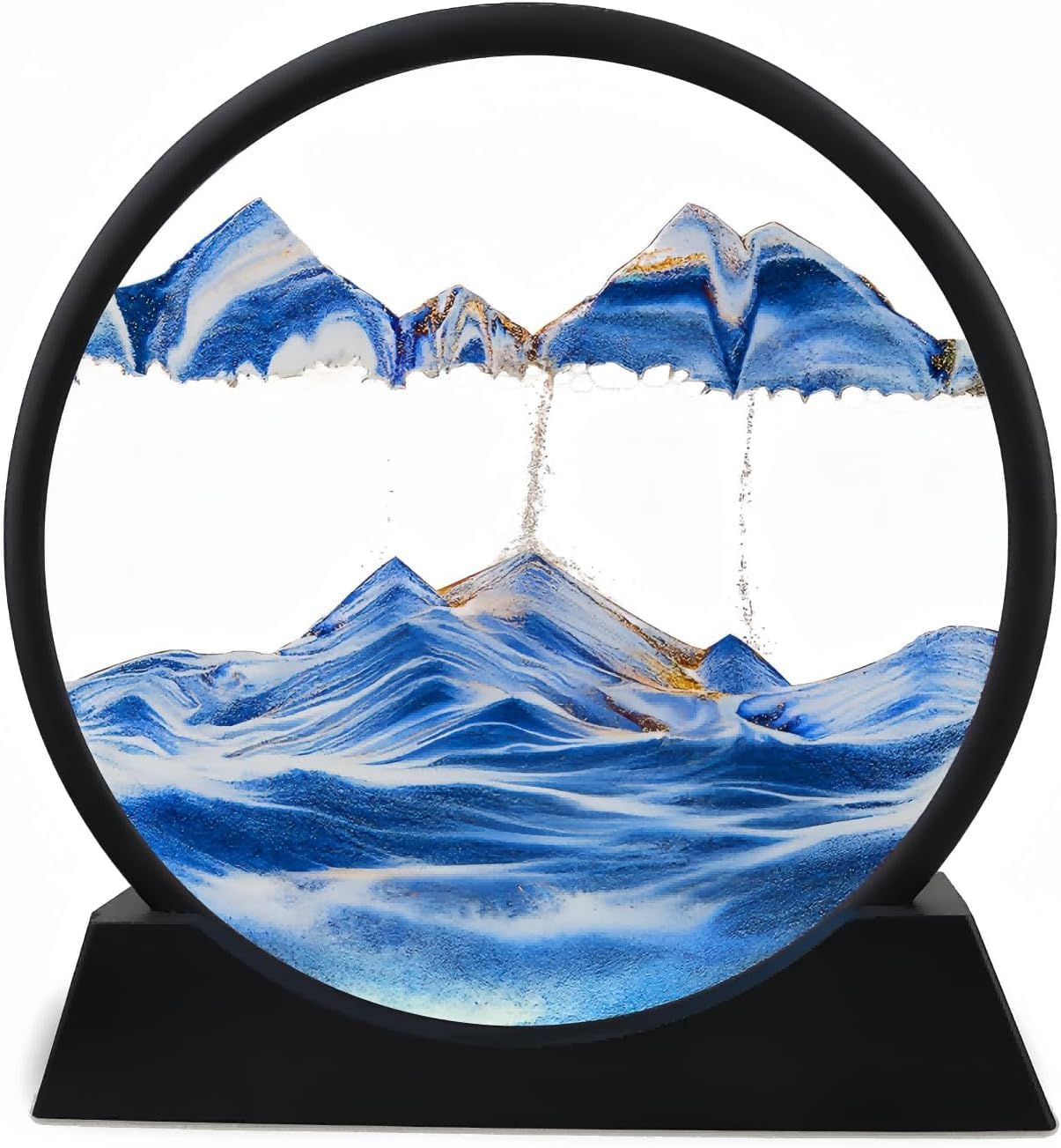 3D Dynamic Sand Art Showpieces Liquid Motion, Round Glass 3D Deep Sea Sandscape in Motion Display Flowing Sand Frame Relaxing Desktop Home Office Work Decor [ 7", Blue ]