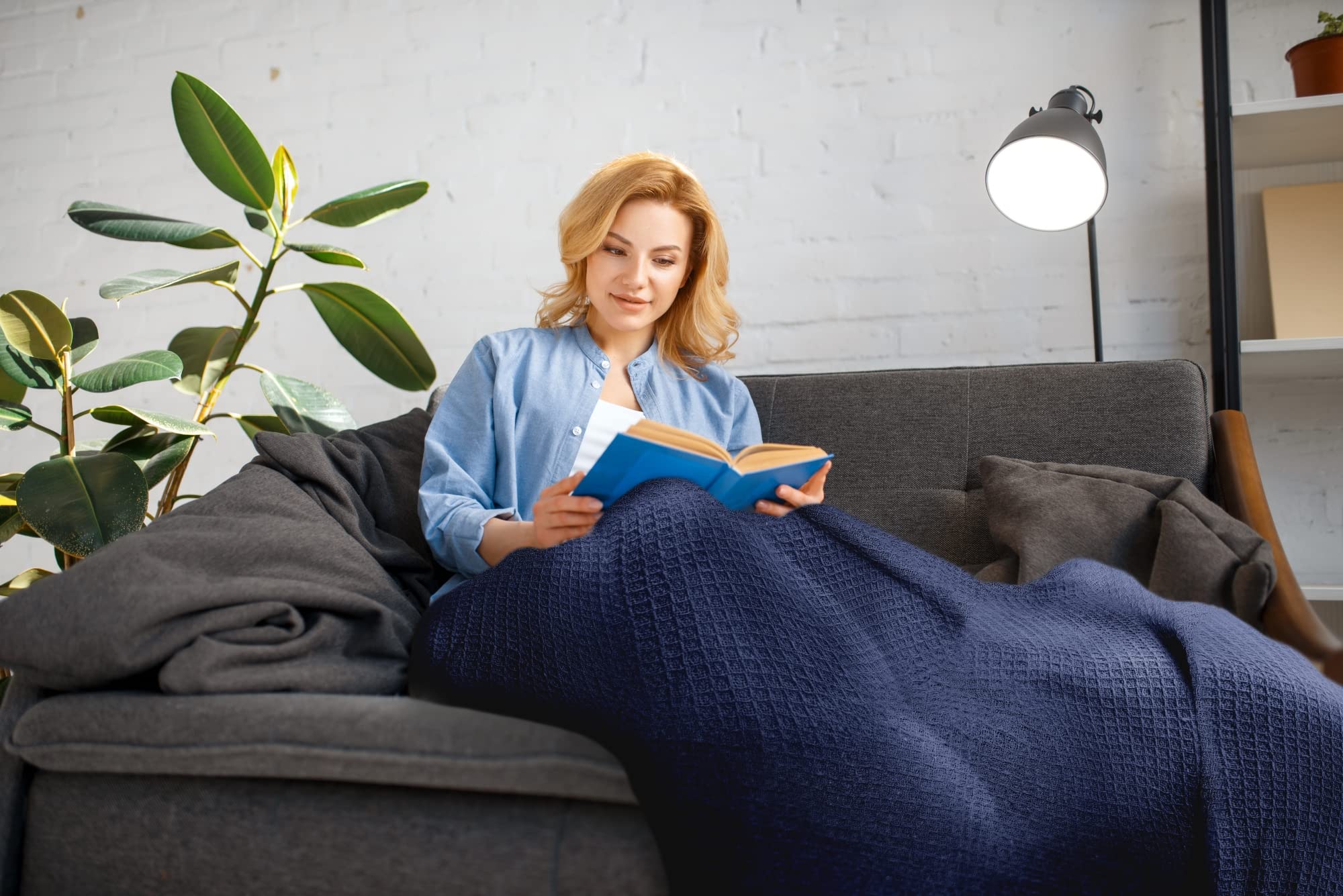 Emma Barclay Honeycomb - Recycled Cotton Plain Waffle Textured Chair Sofa Setee Throw Over Blanket in Navy Blue - 50x60 (127x152cm) - Image 4