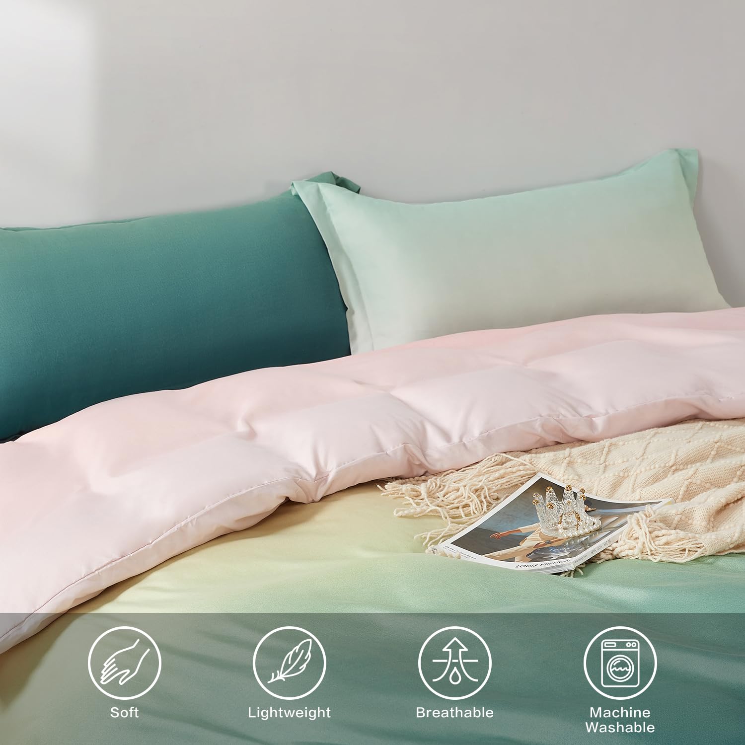 SAPHREAS Green Pink Gradient Duvet Cover Set Single Size - Image 4