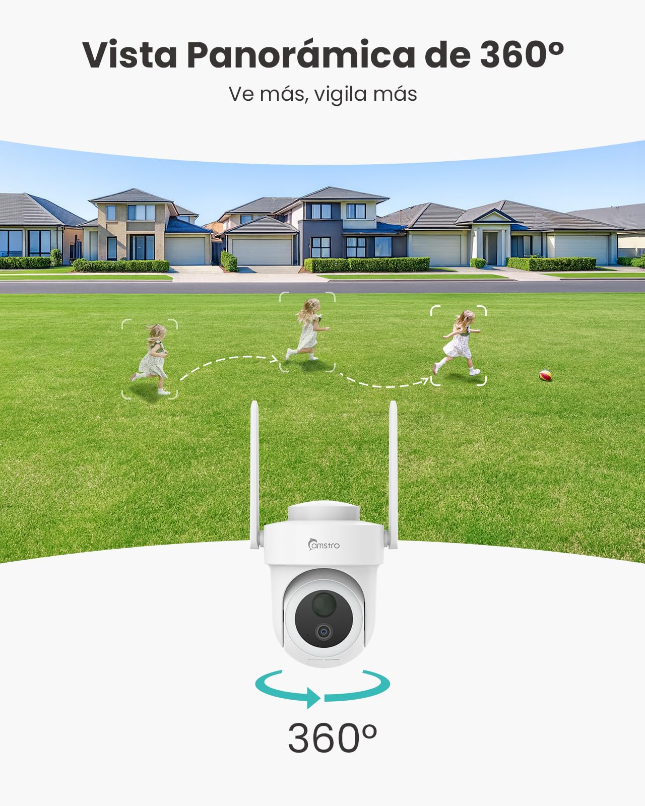 Kit Cámara de Seguridad 4K Exterior, 360° Panorámica, 2 Cámaras Inalámbricas con Base Segura 64GB, WiFi 2.4G/5G, IA Multi-Cámara, Visión Nocturna en Color, Sin Cuotas, IP66