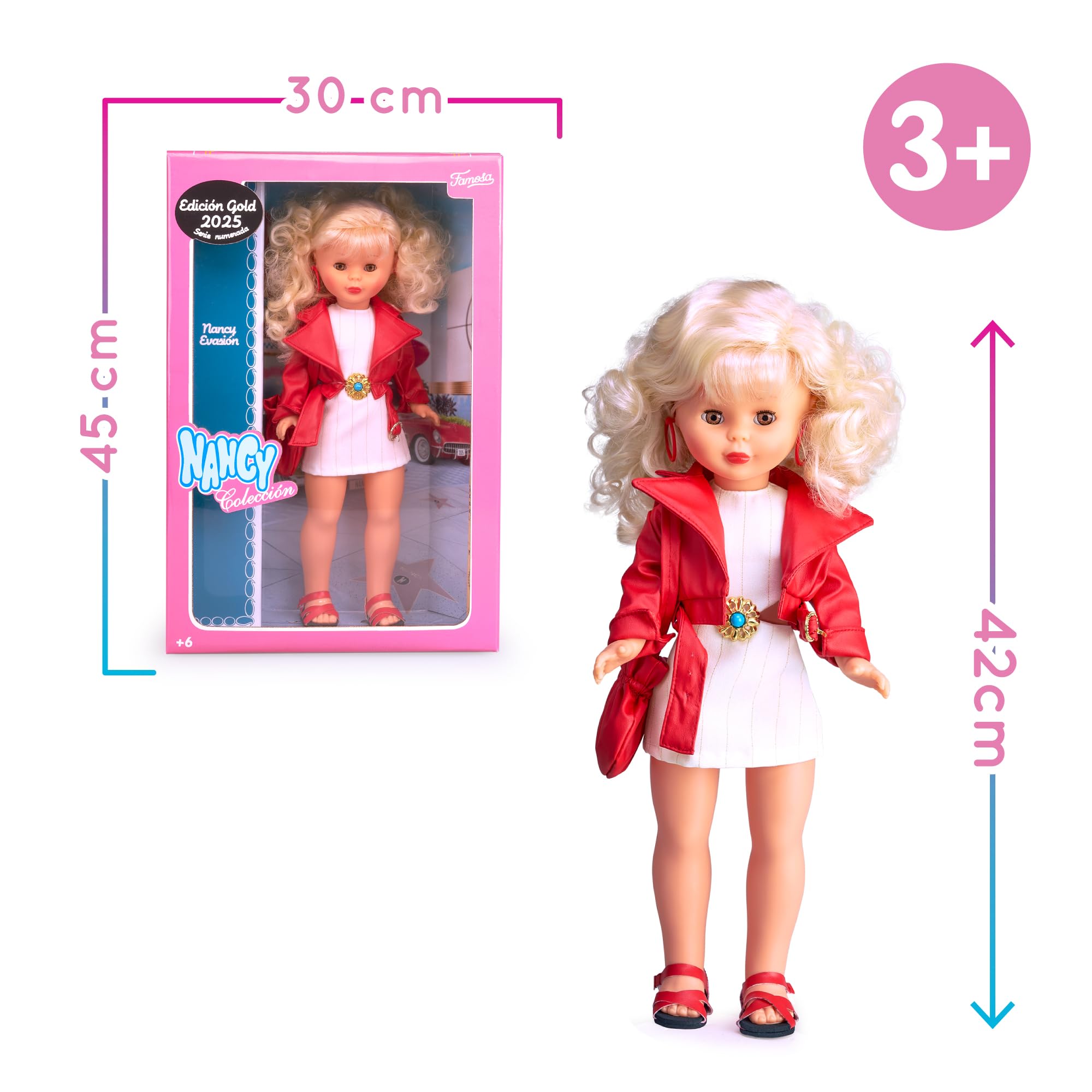 Nancy Colección Evasión, Muñeca Reedición de Principios de los 2000 con Vestido Blanco, Bombonera, Cazadoras y Zapatos Rojos, Muñeca para Coleccionistas con Certificado Oficial, Famosa (NAL20000)