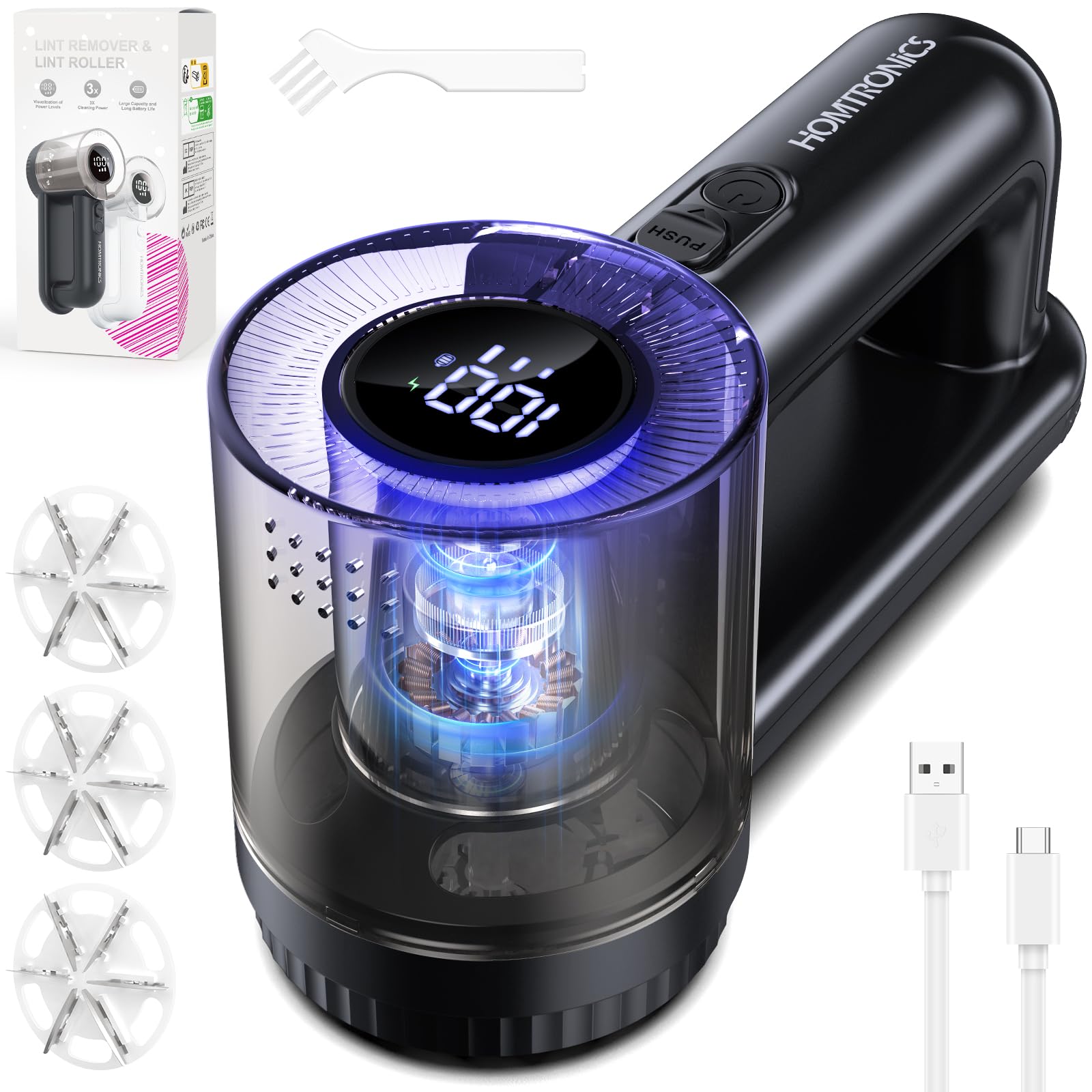 Elektryczna Golarka do Kłaczków,[ładowanie przez USB]Homtronics Golarka do Tkanin z Ubrań i Mebli, Wyświetlacz LED, golarka do kłaczków z 6-ostrzową głowicą do ubrań, sof, dywanów
