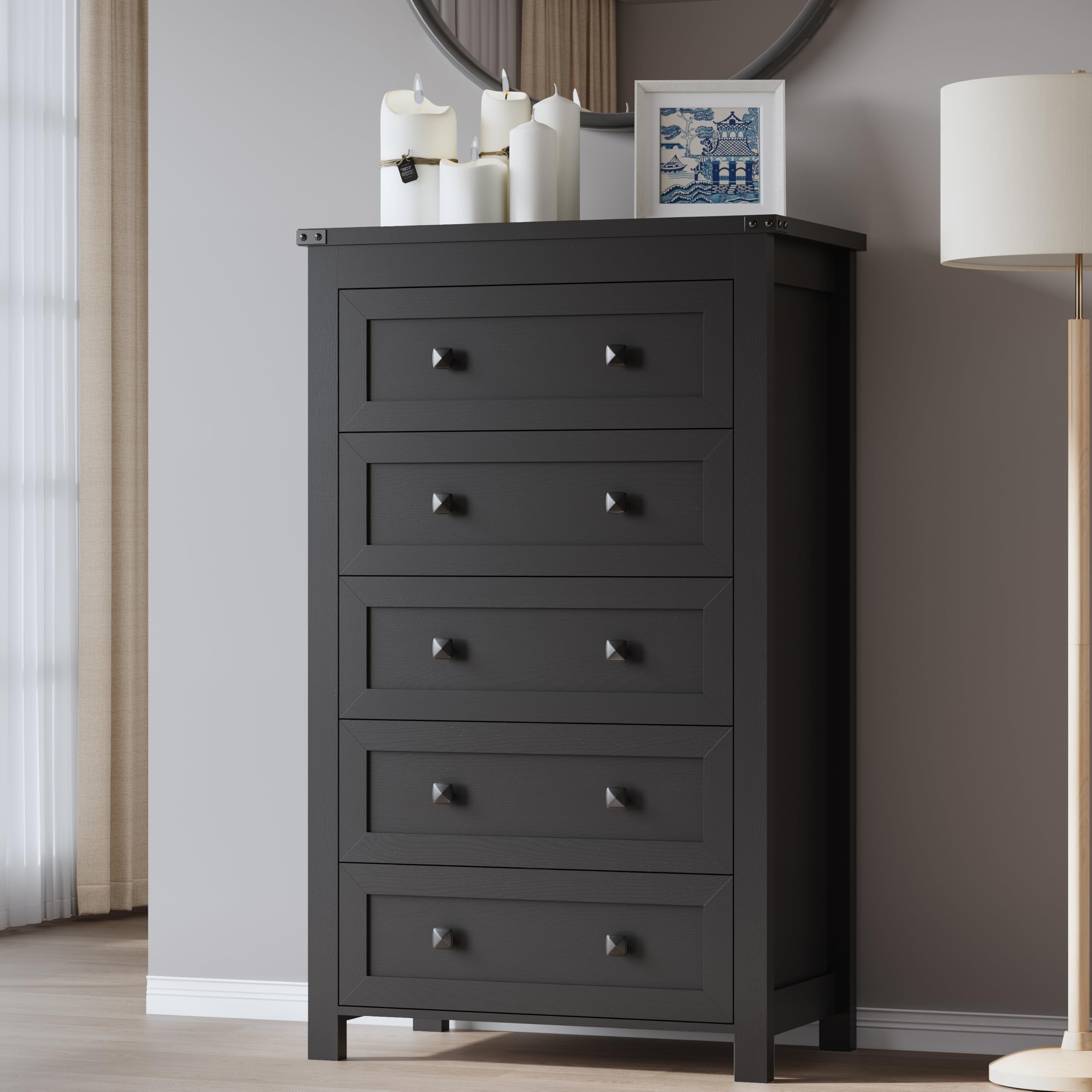 BORNOON Tall 5-Drawer Dresser, Modern Wooden Storage Chest of Drawers, Dresser TV Stand, Wood Drawer Organizer with Metal Handles for Bedroom, Living