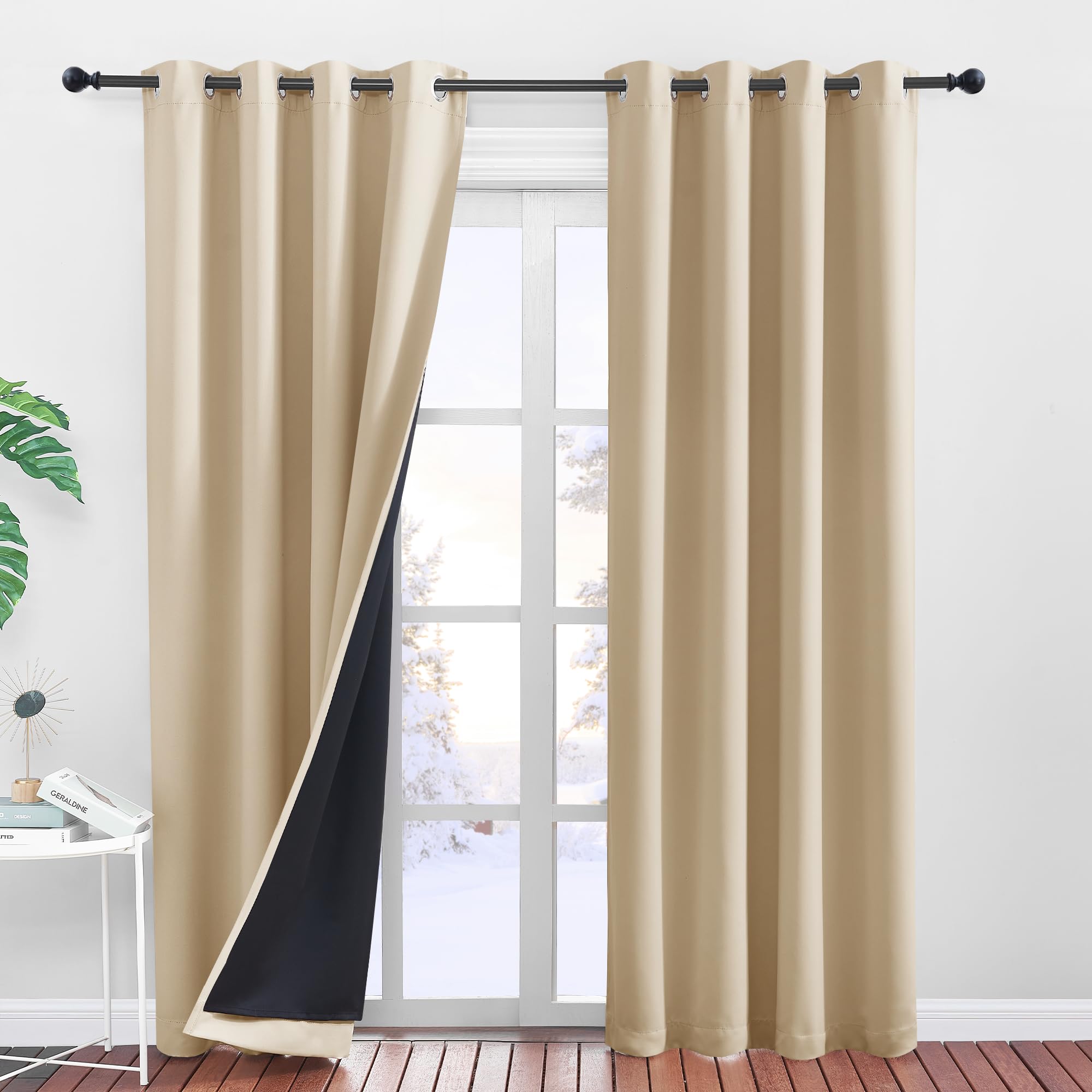 PONY DANCE Cortinas Salon Modernas 2 Piezas Cortas para Ventanas 100% Opacas con Ojales Cortinas Termicas Aislantes Frio y Calor para Dormitorio, 140x175 CM, Beige Oscuro